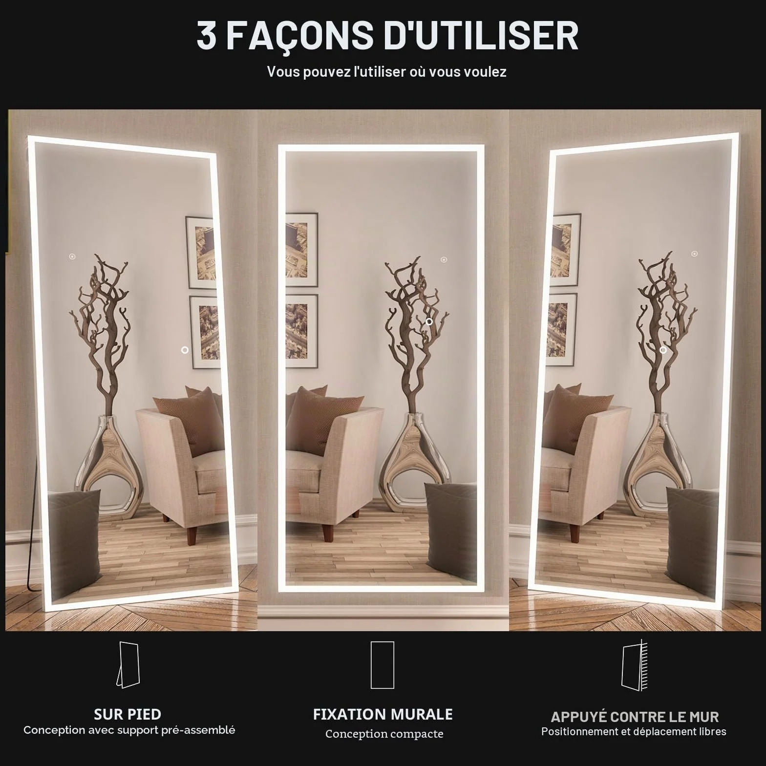 Calissando Miroir sur Pied Pleine Longueur avec Lumière LED 165 x 61 cm Blanc