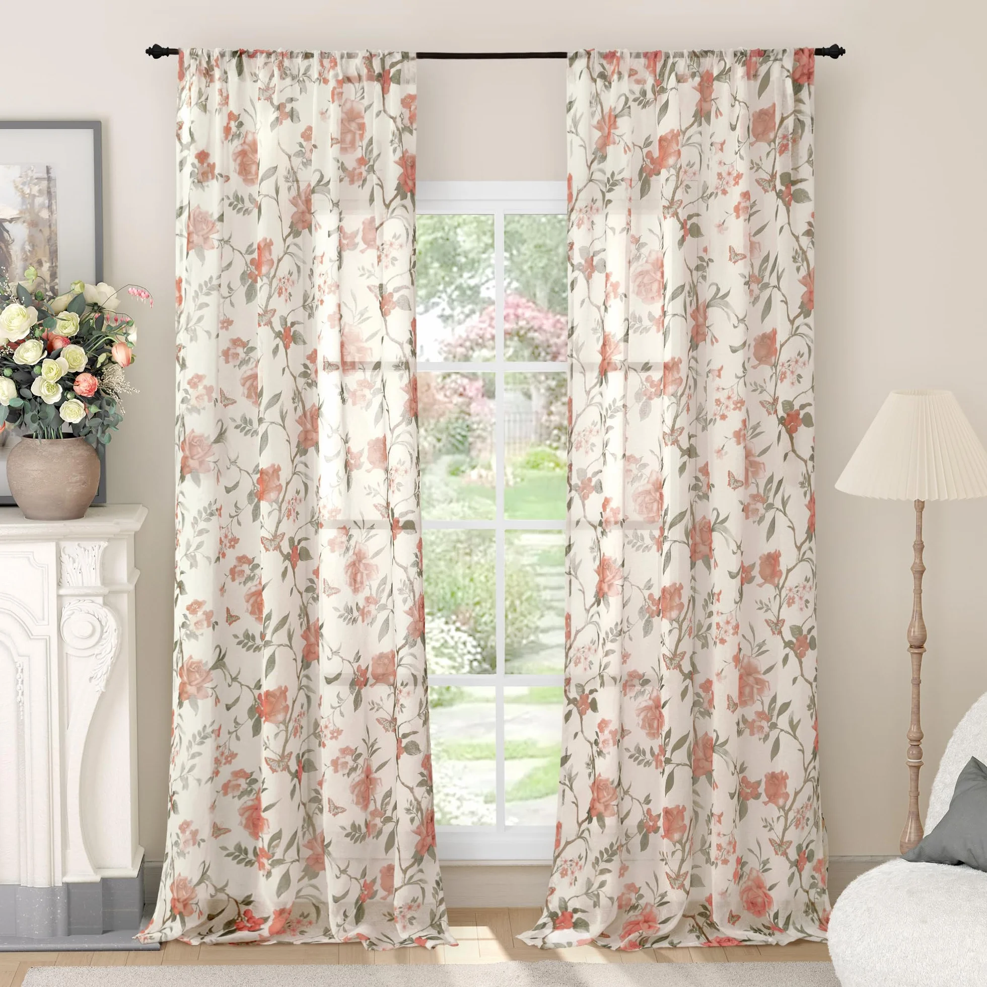 Lajode Lot de 2 Rideaux Transparents à Motif Floral, Lin Semi-Transparents 213,4 cm Passe-Tringle
