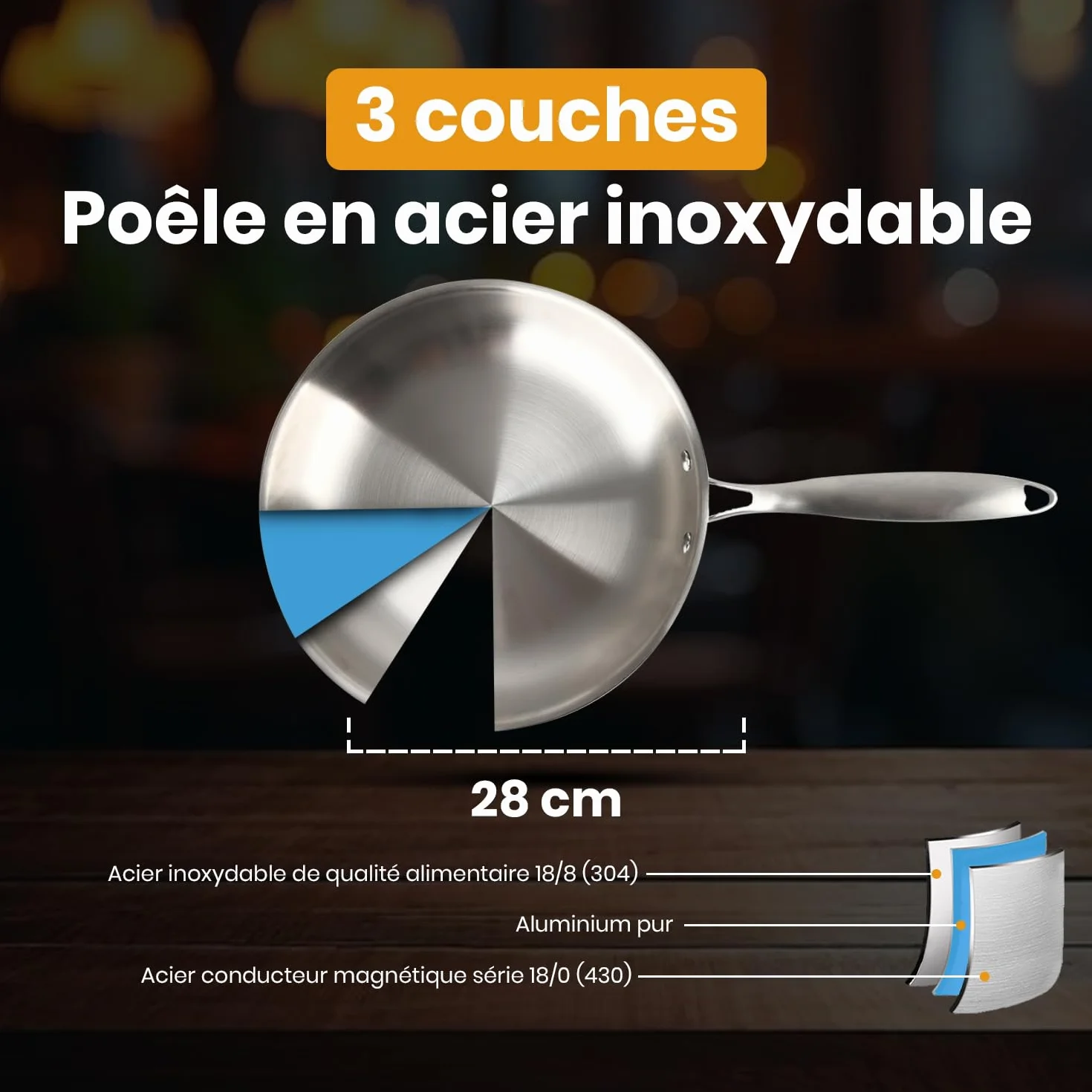 Poele Inox 28cm 18/10 Induction 3 Couches Acier Inoxydable Compatible Tous Feux Gaz Electrique Vitroceramique