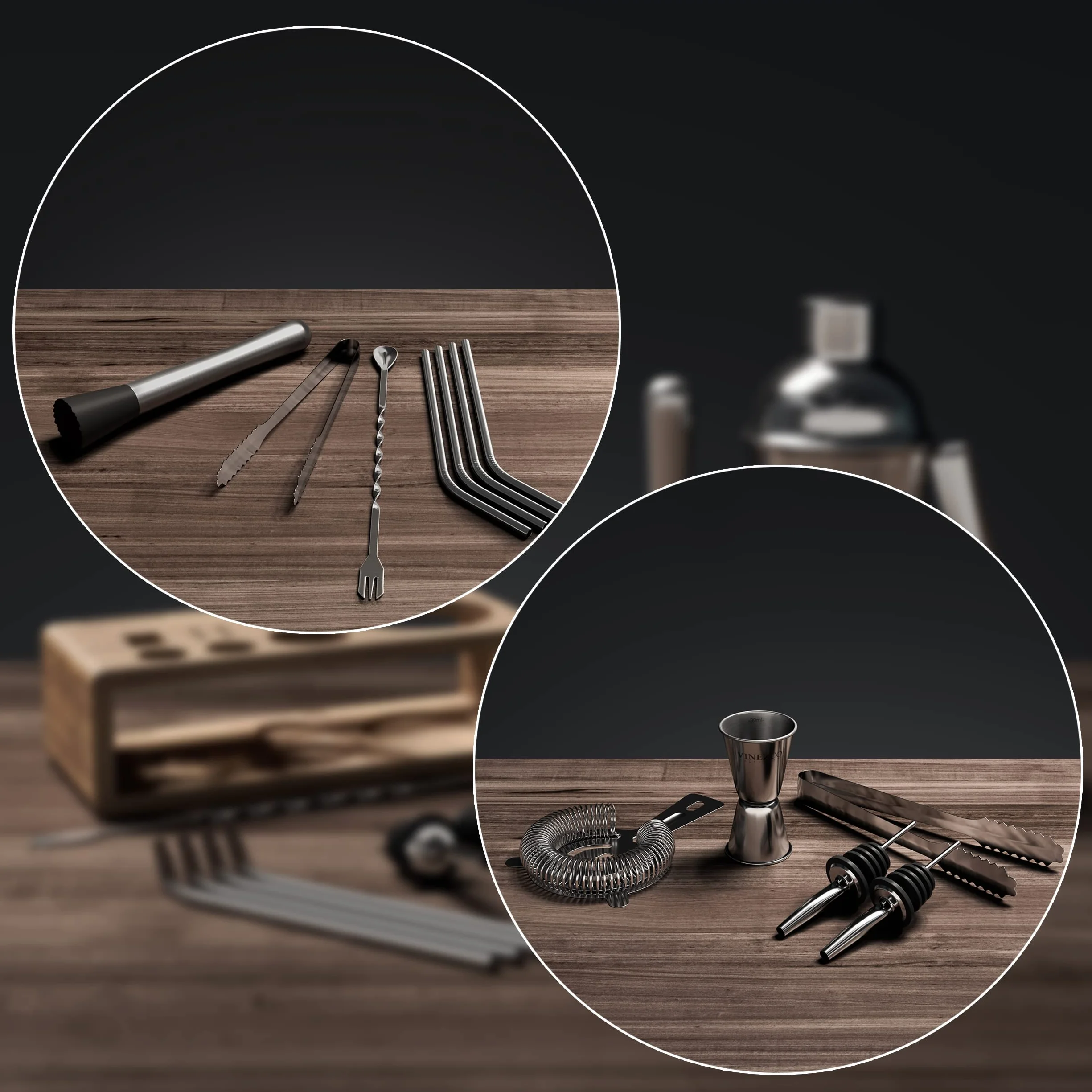 Cocktail Shaker Kit INOX Qualité Extra avec Support, Livre Cocktail, Accessoires Professionnel pour Bar - Cuillère Pilon Jigger Paille - Set Cadeau Homme Femme