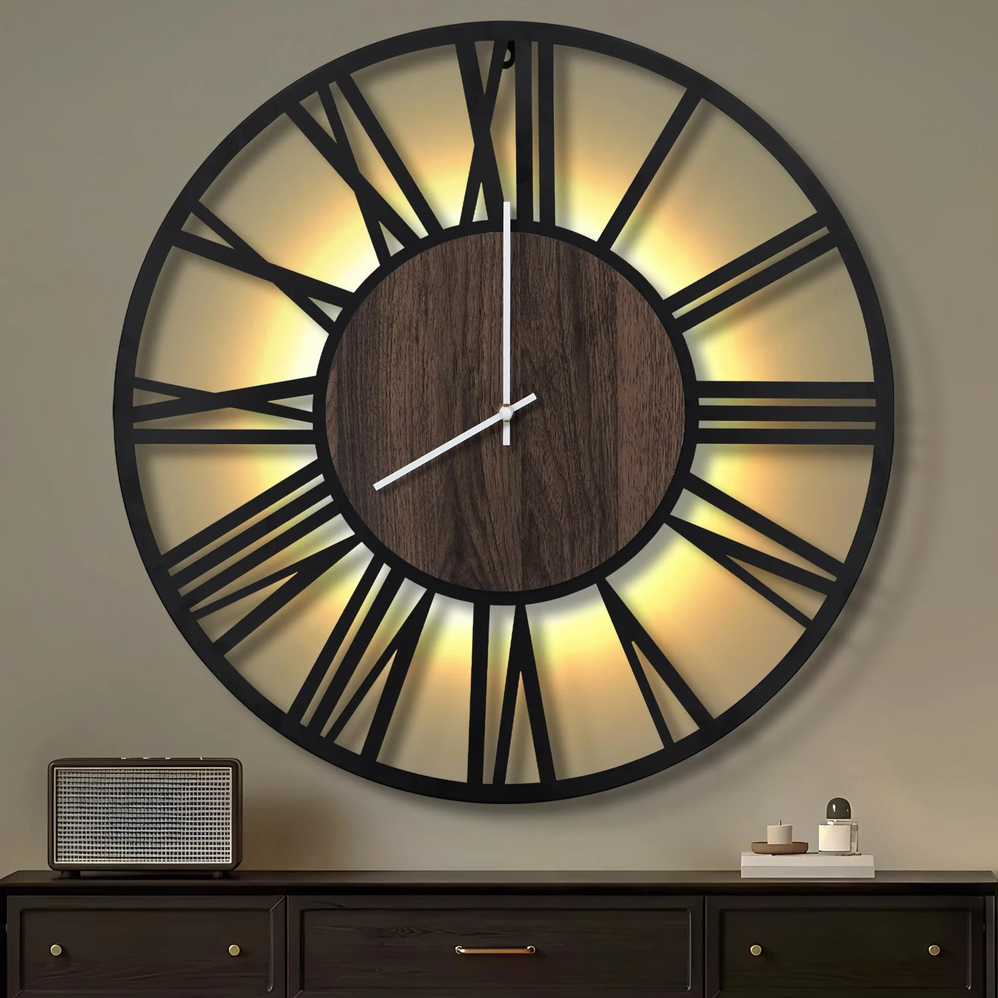 Maxstar Horloge Murale 80cm Silencieuse Style Bois Métal LED Moderne Chiffres Romains Noir