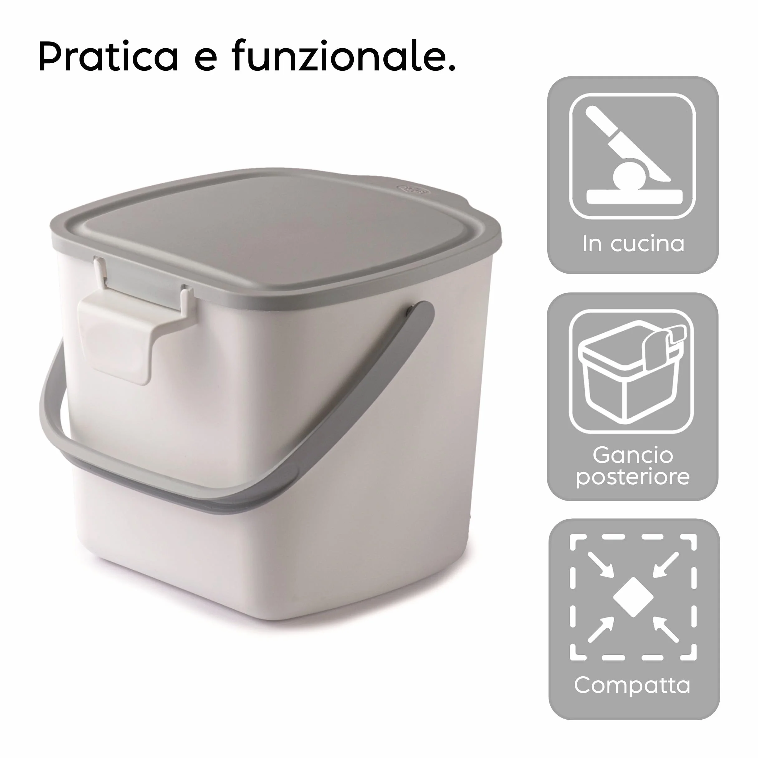 Poubelle Compost Cuisine avec Couvercle et Poignée 3L, Composteur Cuisine, 20,5 x 18,5 x 16,7 cm, Blanche Made in Italy