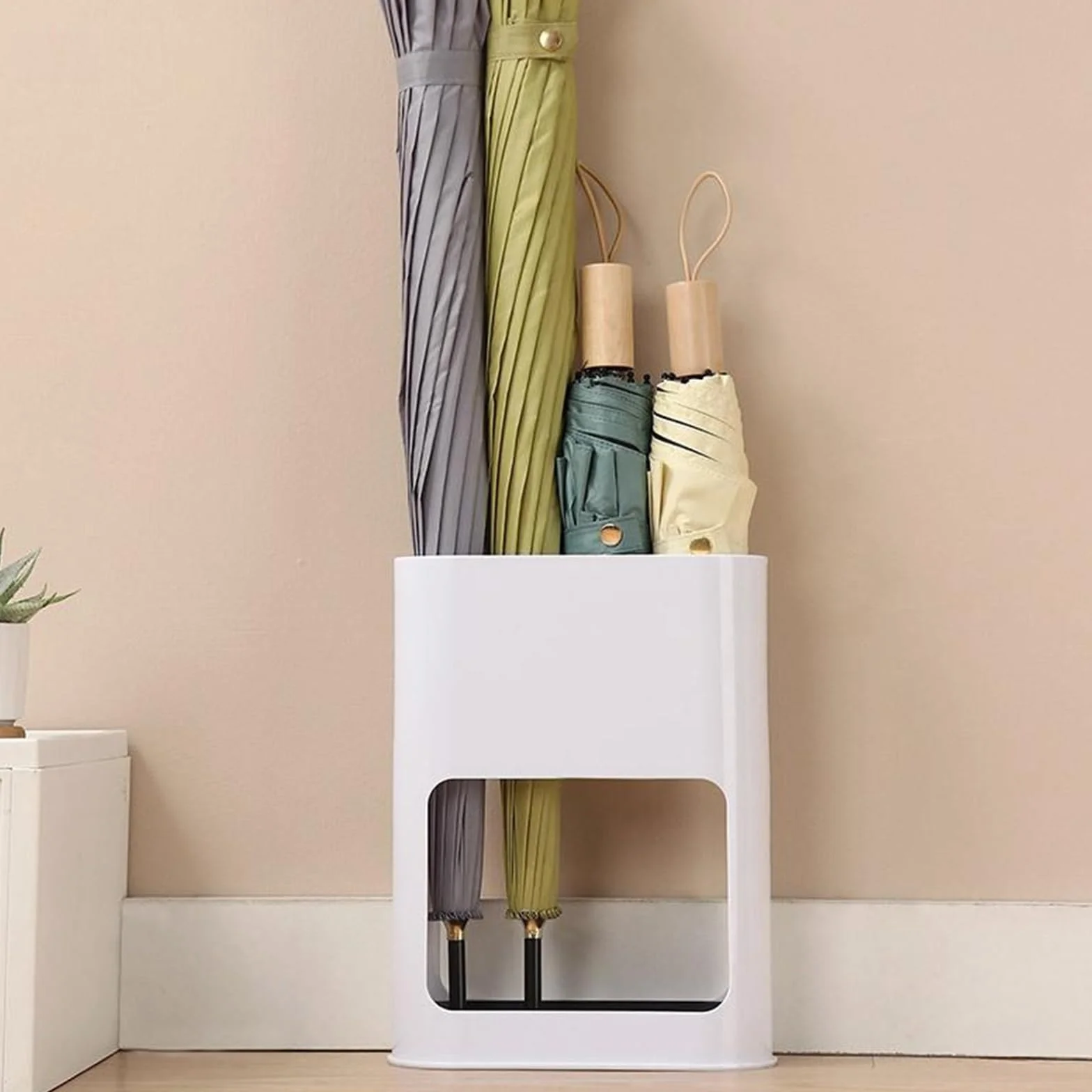 Porte Parapluie 4 Compartiments avec Bac d'Égouttage Amovible Armature Blanche 28 x 21.8 x 9 CM