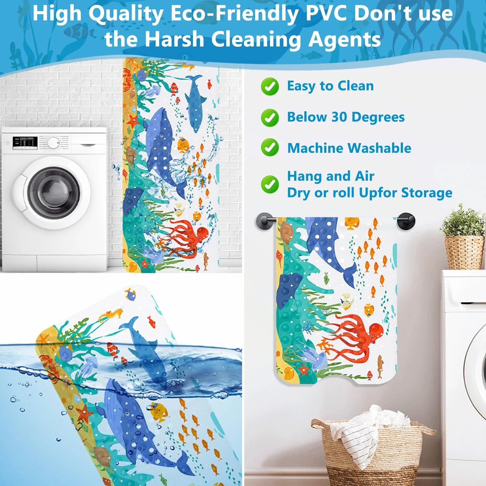 Tapis de Bain Antidérapant pour Enfants 100x40cm PVC 200 Ventouses Lavable en Machine