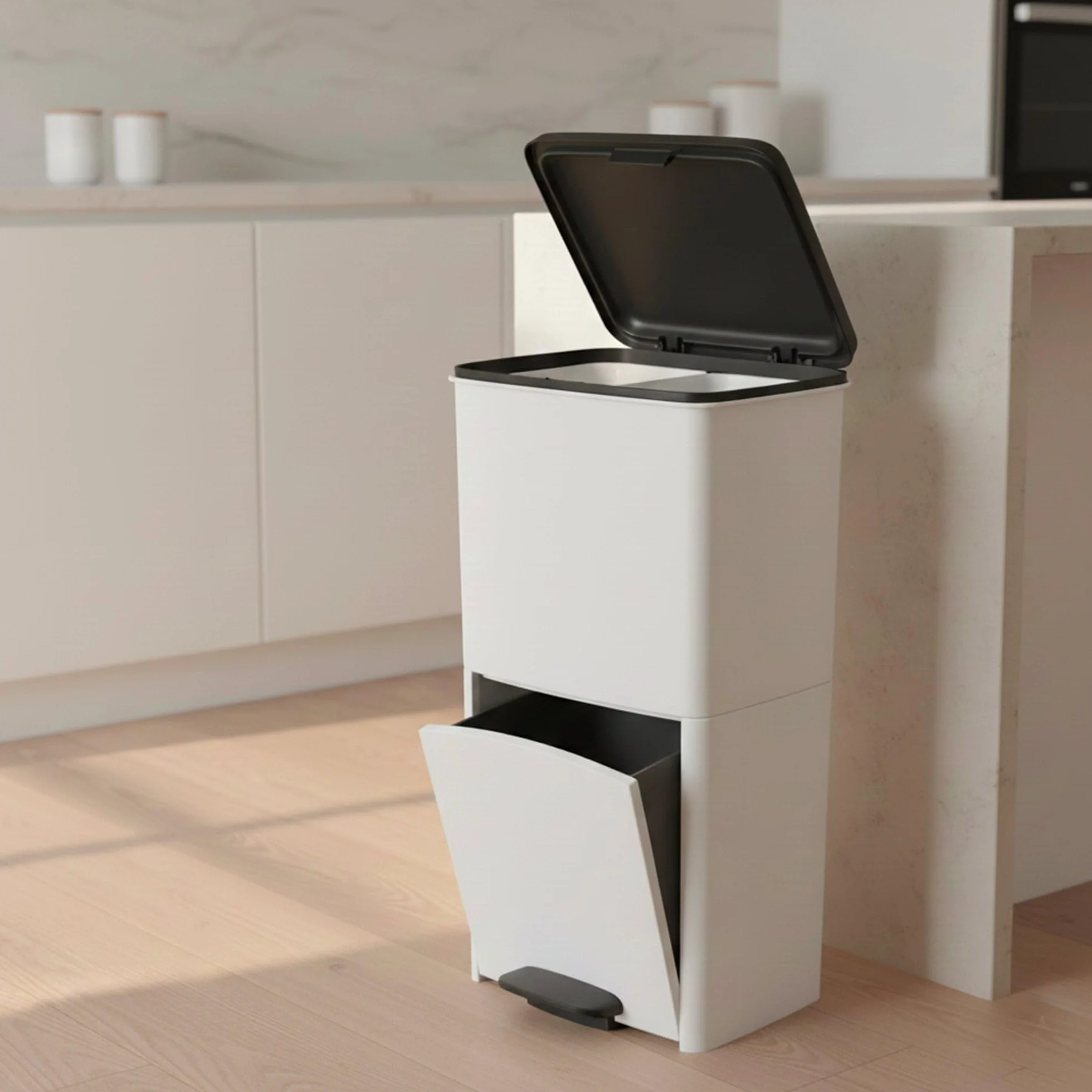KITCHEN MOVE Poubelle de cuisine tri sélectif verticale 70 litres Blanc double compartiment