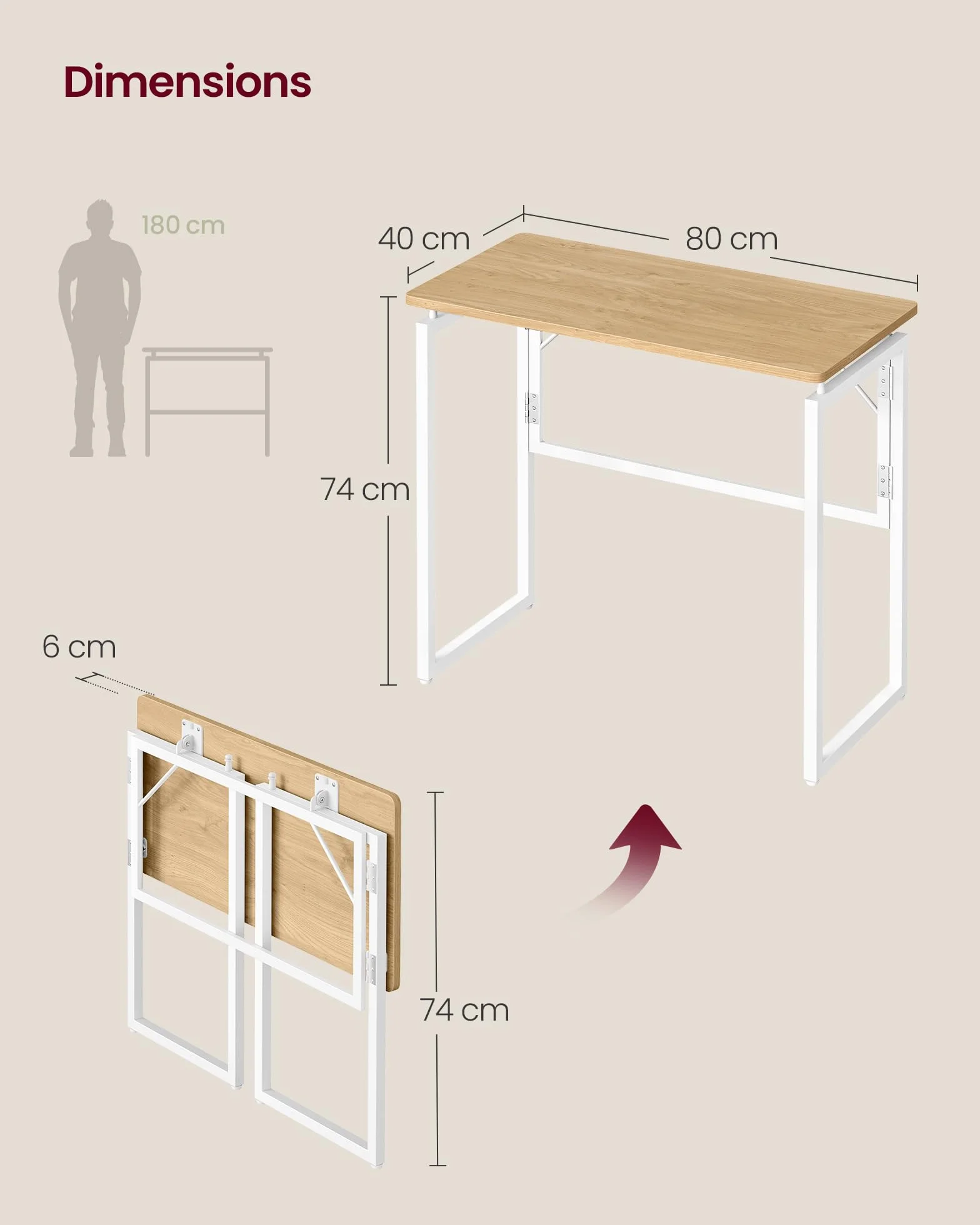 VASAGLE Table Pliante Bureau Pliable 80 x 40 cm Chêne Naturel