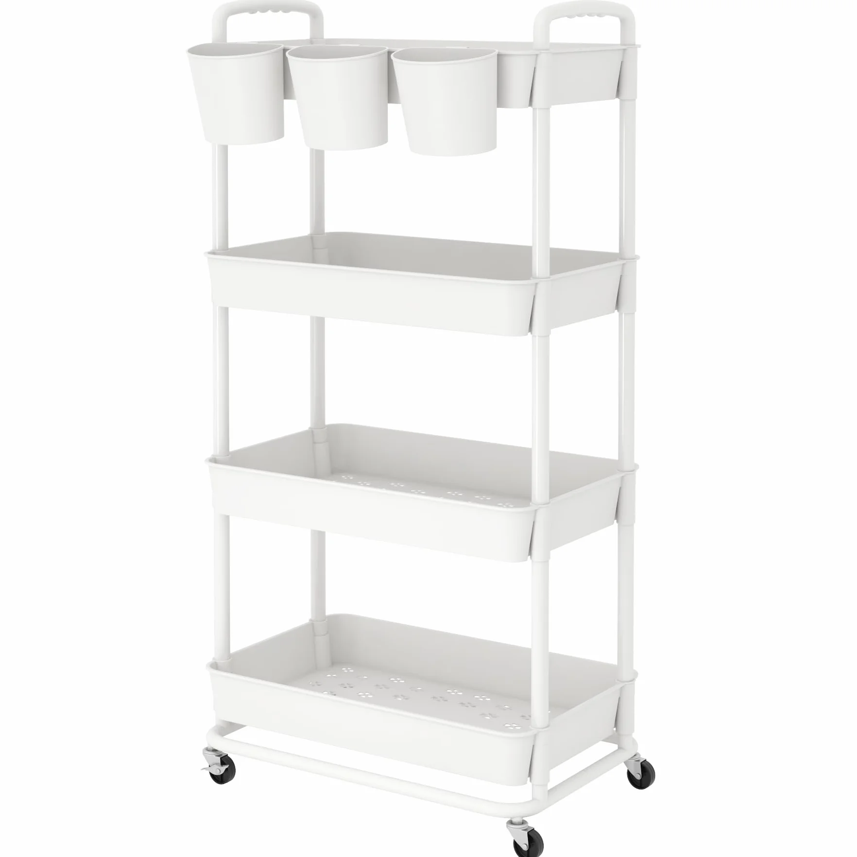 JIUYOTREE Chariot de Rangement à 4 Niveaux, Roulettes Verrouillables, Poignées, Gobelets Suspendus, Blanc