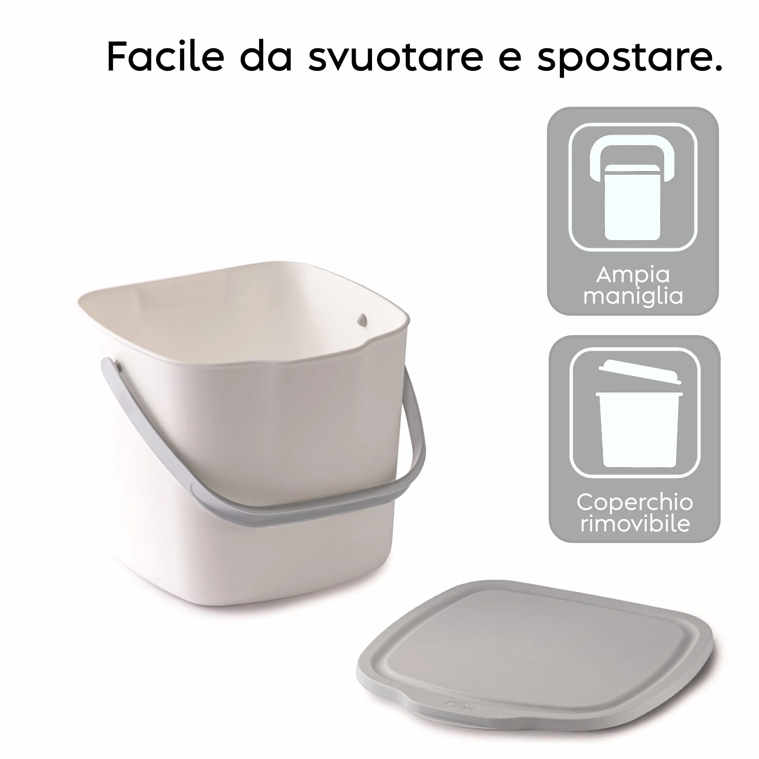 Poubelle Compost Cuisine avec Couvercle et Poignée 3L, Composteur Cuisine, 20,5 x 18,5 x 16,7 cm, Blanche Made in Italy