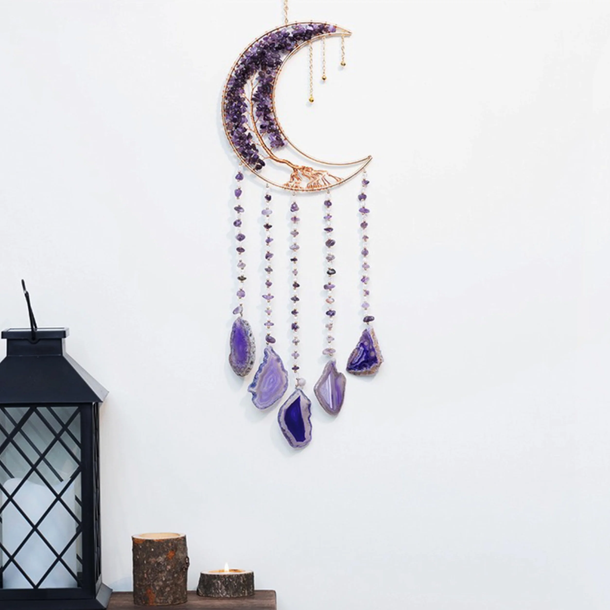 Attrape-rêves arbre de vie cristaux de lune violette agate naturelle décoration murale yoga fenêtres jardin intérieur