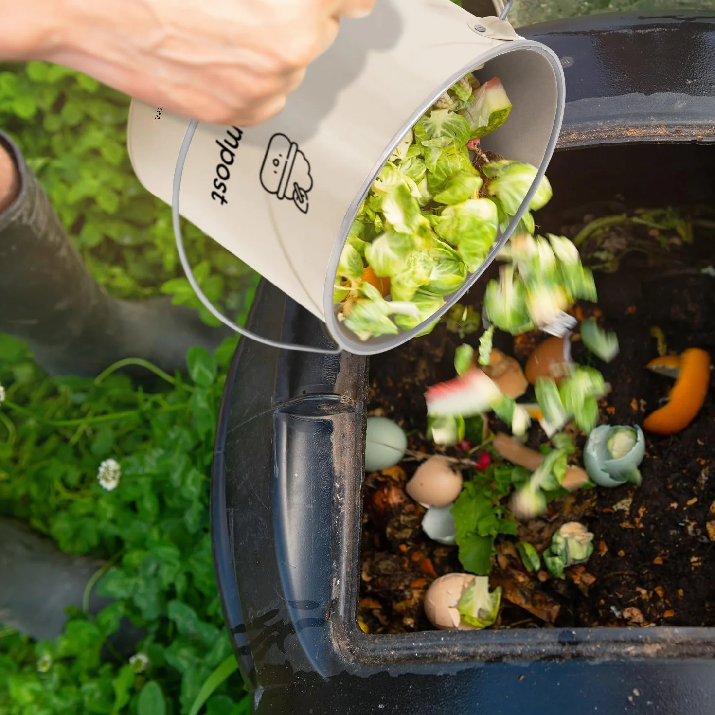 Bac à Compost 3,5 l – Compost de Cuisine Compact en Acier Galvanisé avec Filtres à Charbon