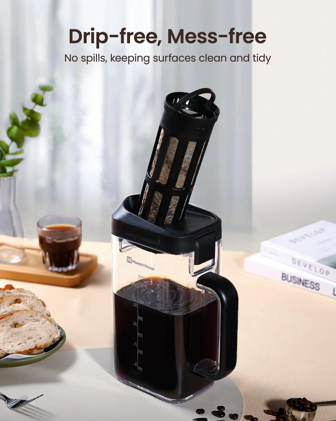 Maestri House Cafetière compacte à froid 1,1 L, filtre en maille 350, étanche