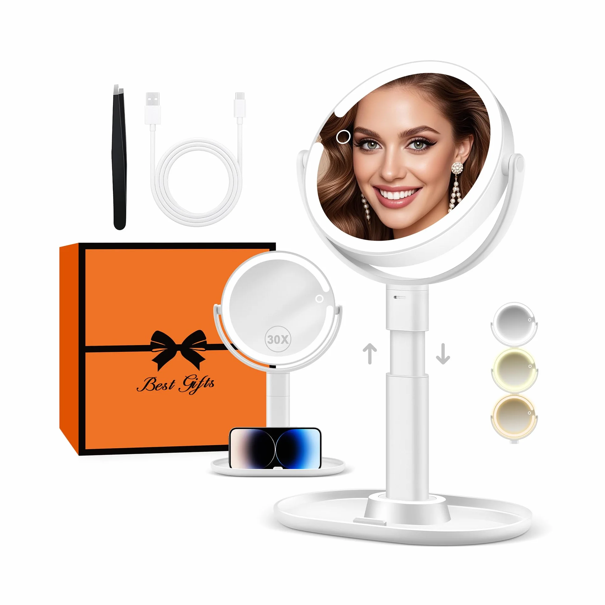 B Beauty Planet Miroir de Maquillage Éclairé 30X LED 3 Couleurs Intensité Variable Réglable en Hauteur Miroir Cosmétique 2 Côtés Blanc