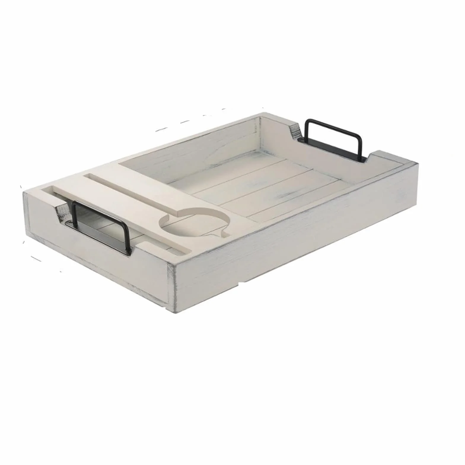 Plateau à petit déjeuner rustique en bois avec support pour verre à vin – Plateau de service pour thé, café et collations au lit – Idéal pour la décoration de la maison (motif 1)
