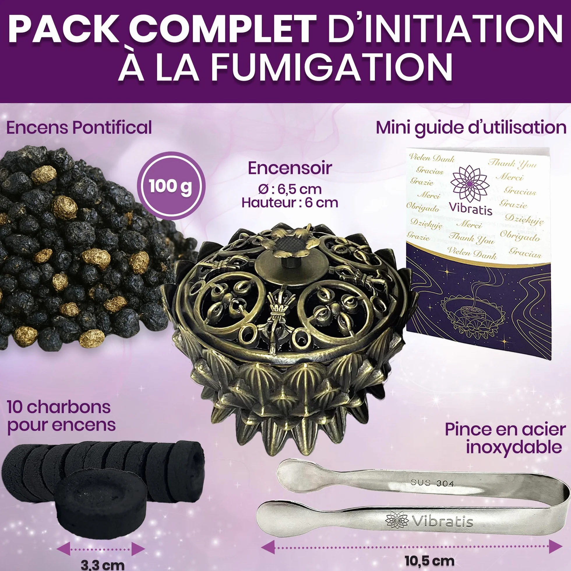 Coffret Encens Pontifical en Grains 100g avec Encensoir et Pince en Acier Inoxydable