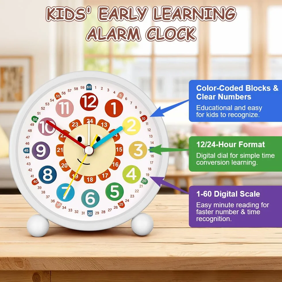 Réveil Enfant Silencieux sans Tic-Tac Analogique Horloge de Table avec Lumière de Nuit Piles Blanc