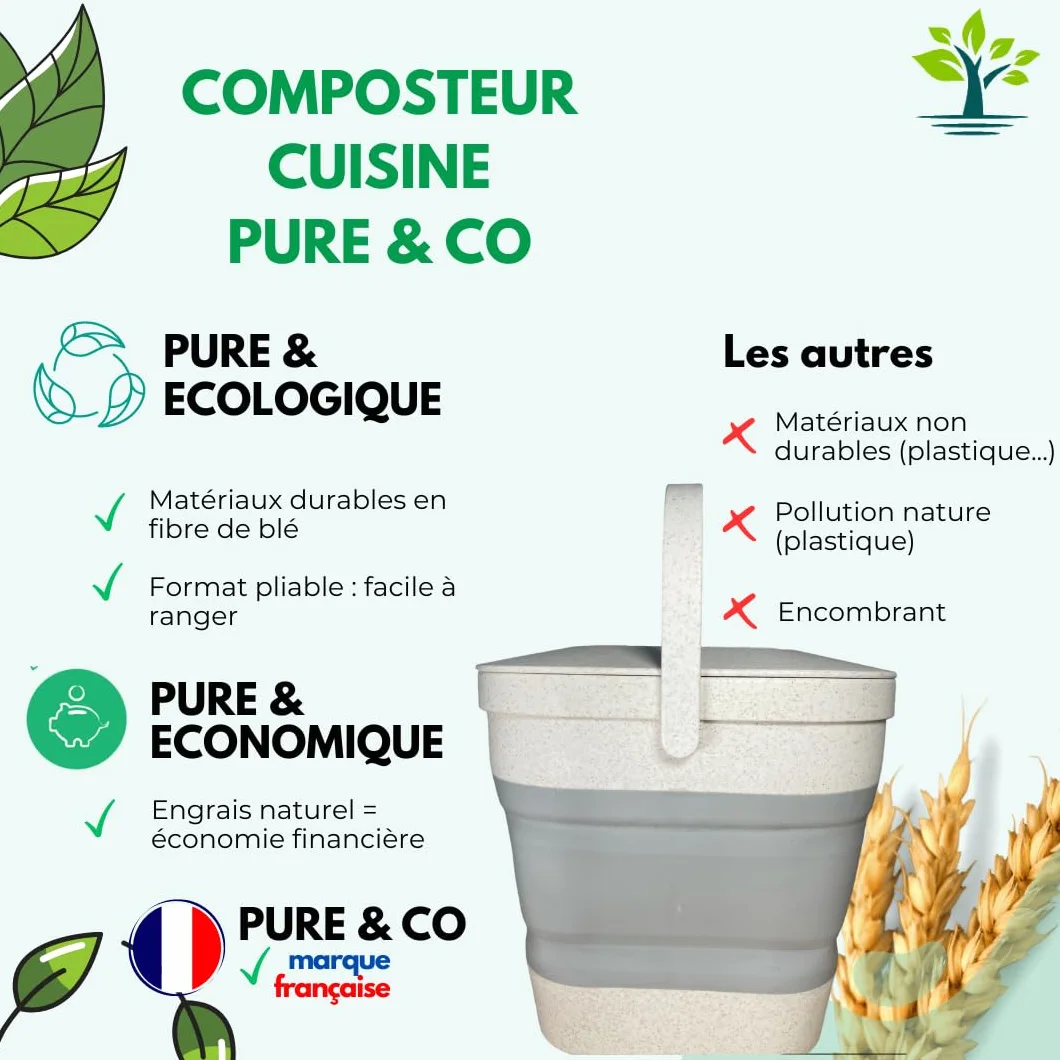 Pure&Co Composteur Cuisine Pliable 4L Poubelle Compost Anti Odeur Bioseau