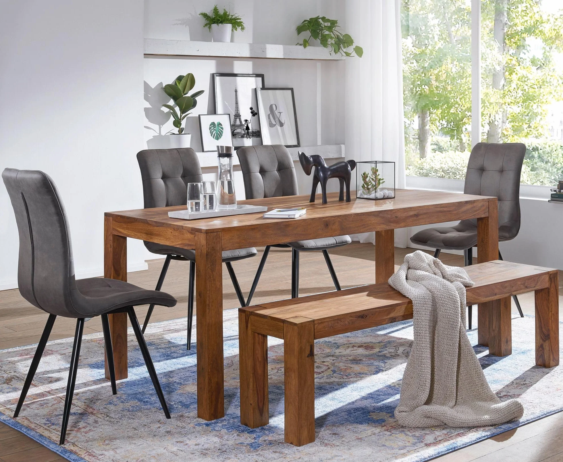 WOHNLING Banquette en Bois Massif Sheesham 160 x 45 x 35 cm Banc de Cuisine