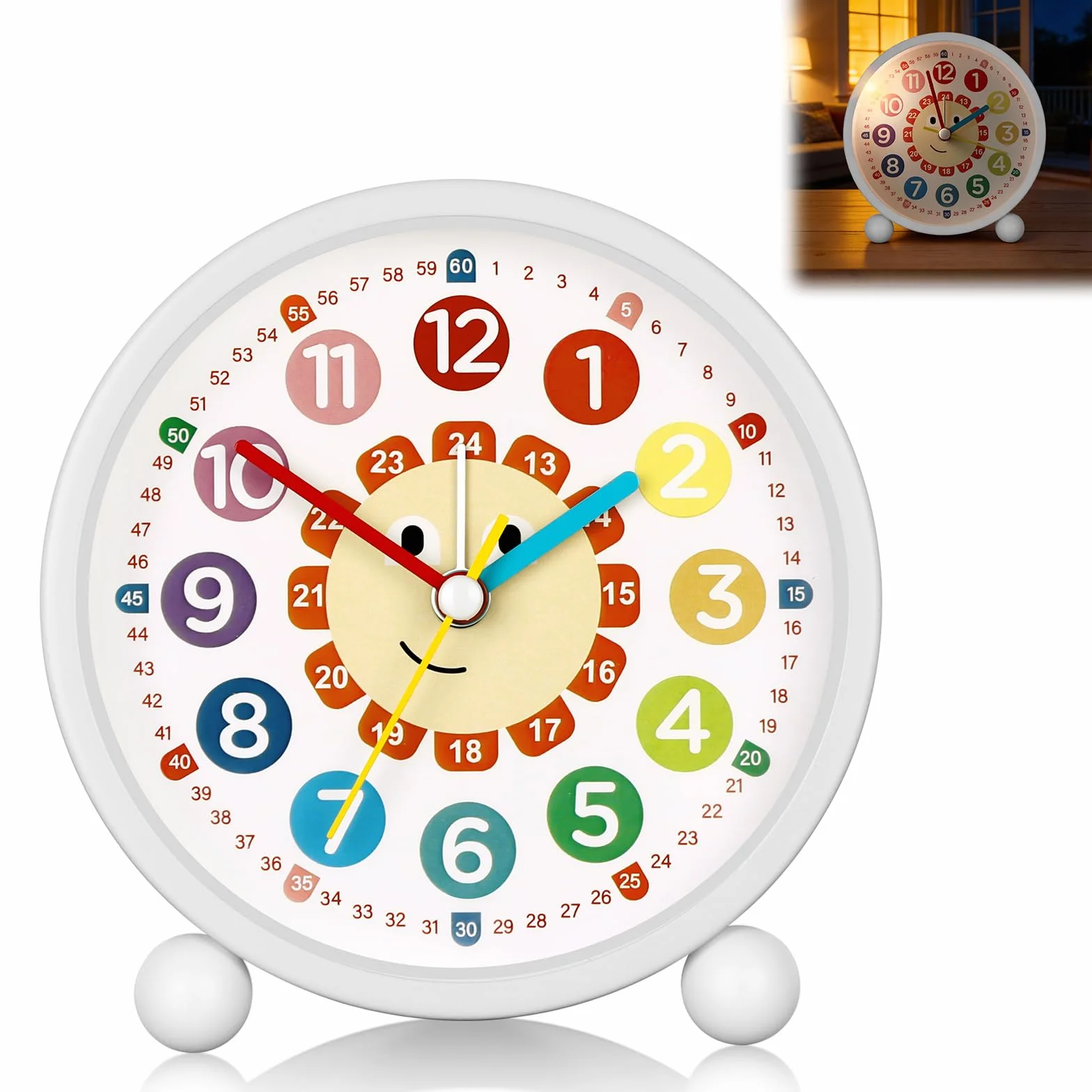 Réveil Enfant Silencieux sans Tic-Tac Analogique Horloge de Table avec Lumière de Nuit Piles Blanc