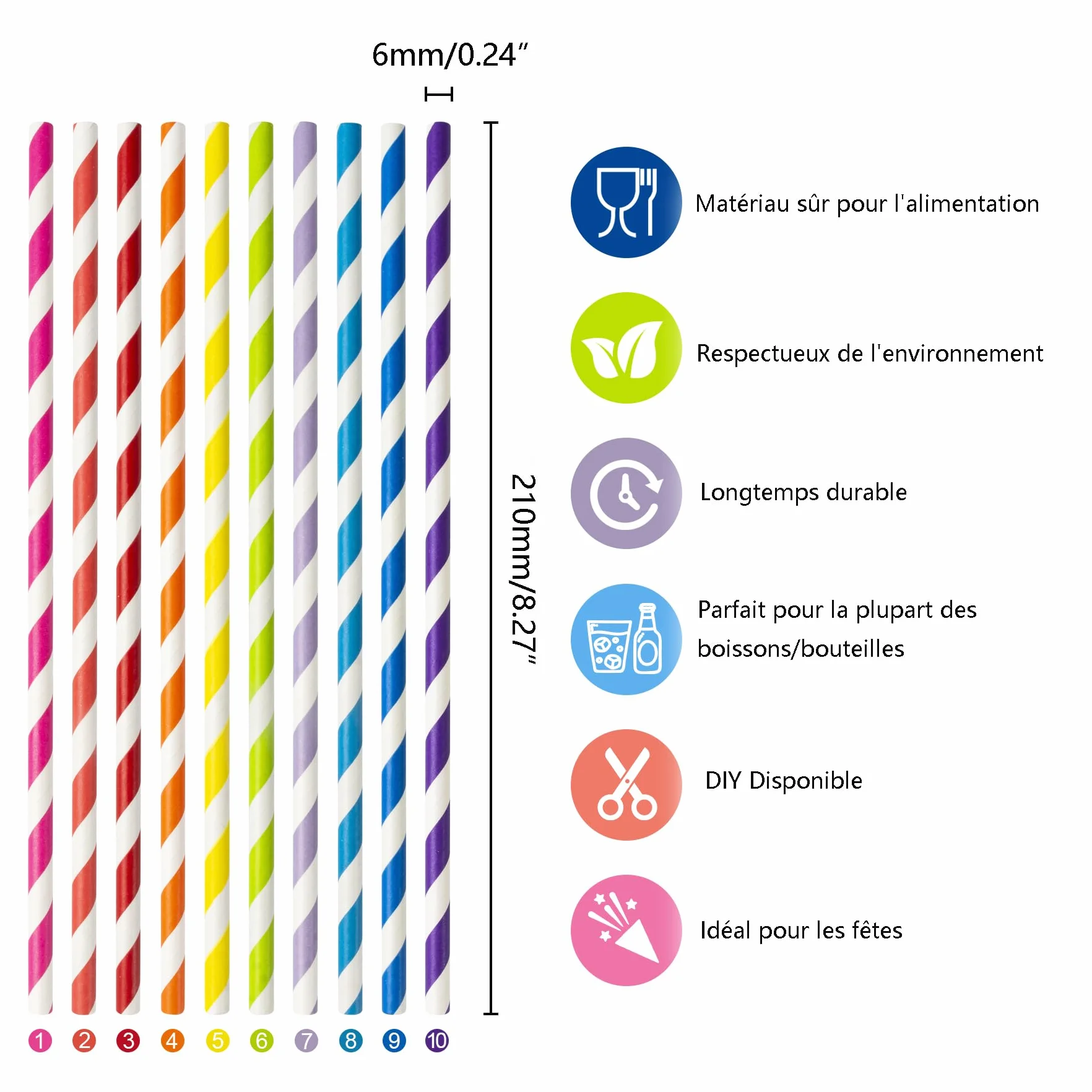 Lot de 100 Pailles en Papier Jetables Arc-en-Ciel 10 Couleurs Vives Ø6 x 210mm