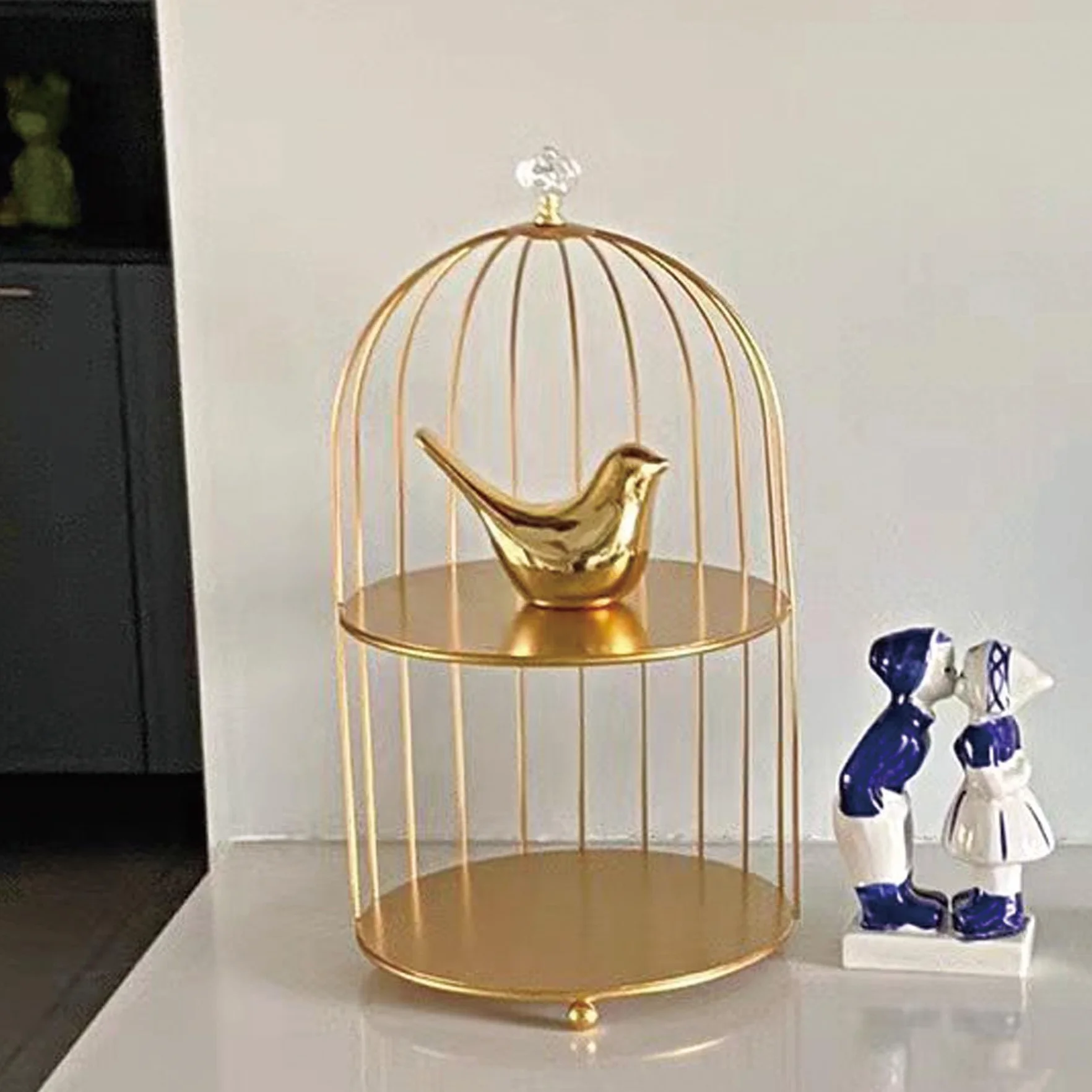 Lot de 2 statues d'oiseaux en céramique, sculptures modernes pour jardin, maison, bureau (Or)