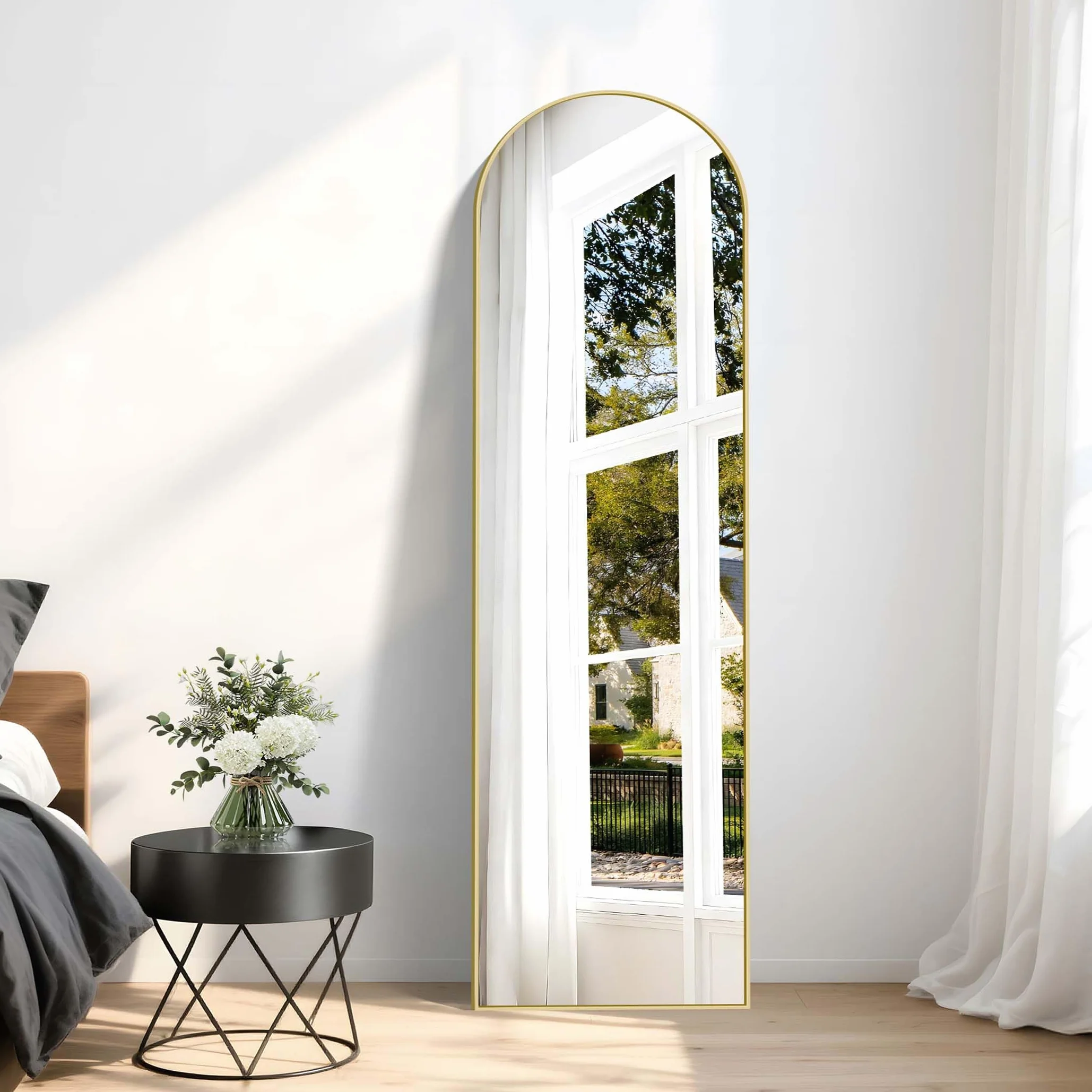 Miroir Arqué Pleine Longueur 150 x 40 cm, Pied Penché ou Suspendu, Cadre Métal Doré, Anti-déflagrante, Pour Salon Chambre