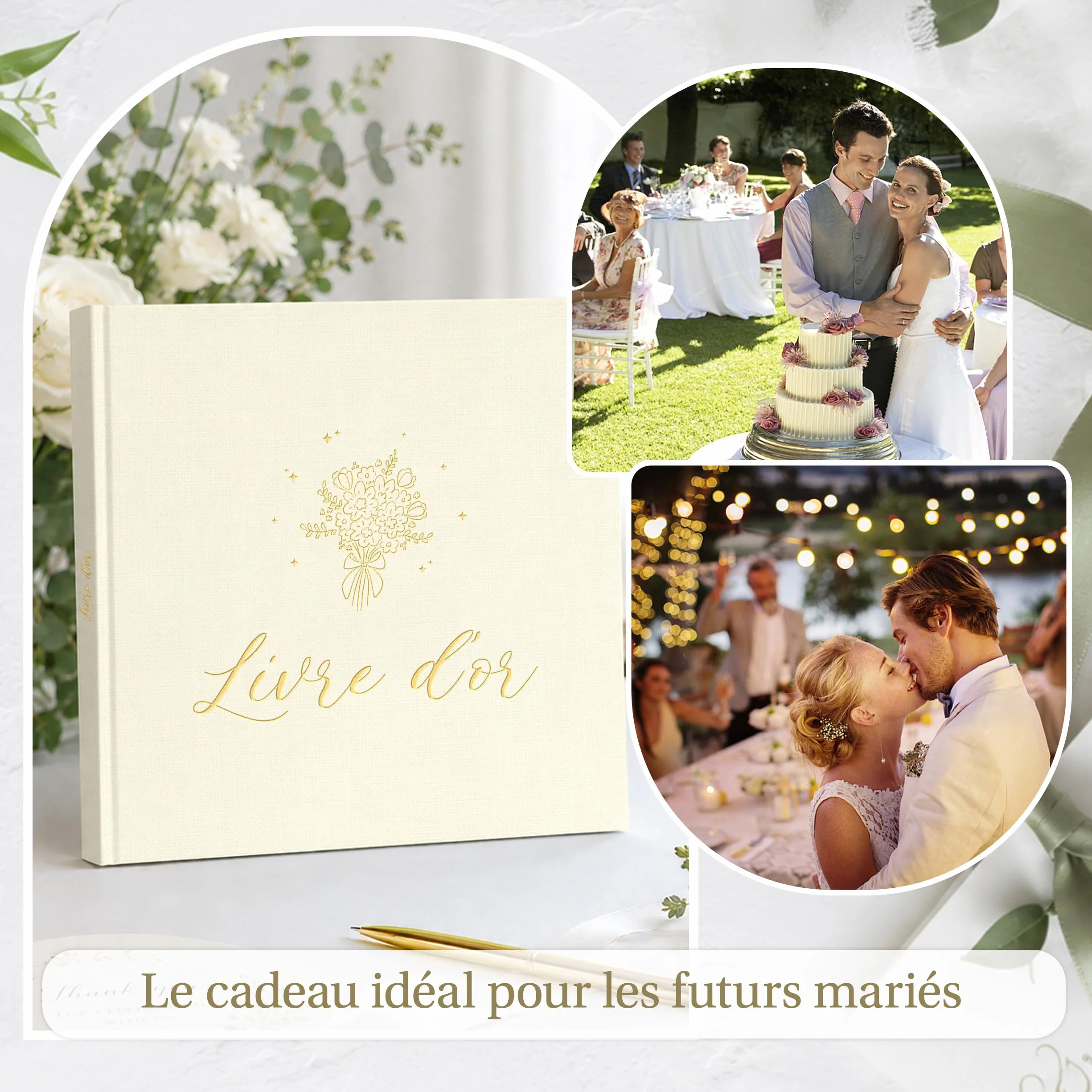 Livre d’or élégant couverture lin dorure 84 pages vierges mariage anniversaire baptême