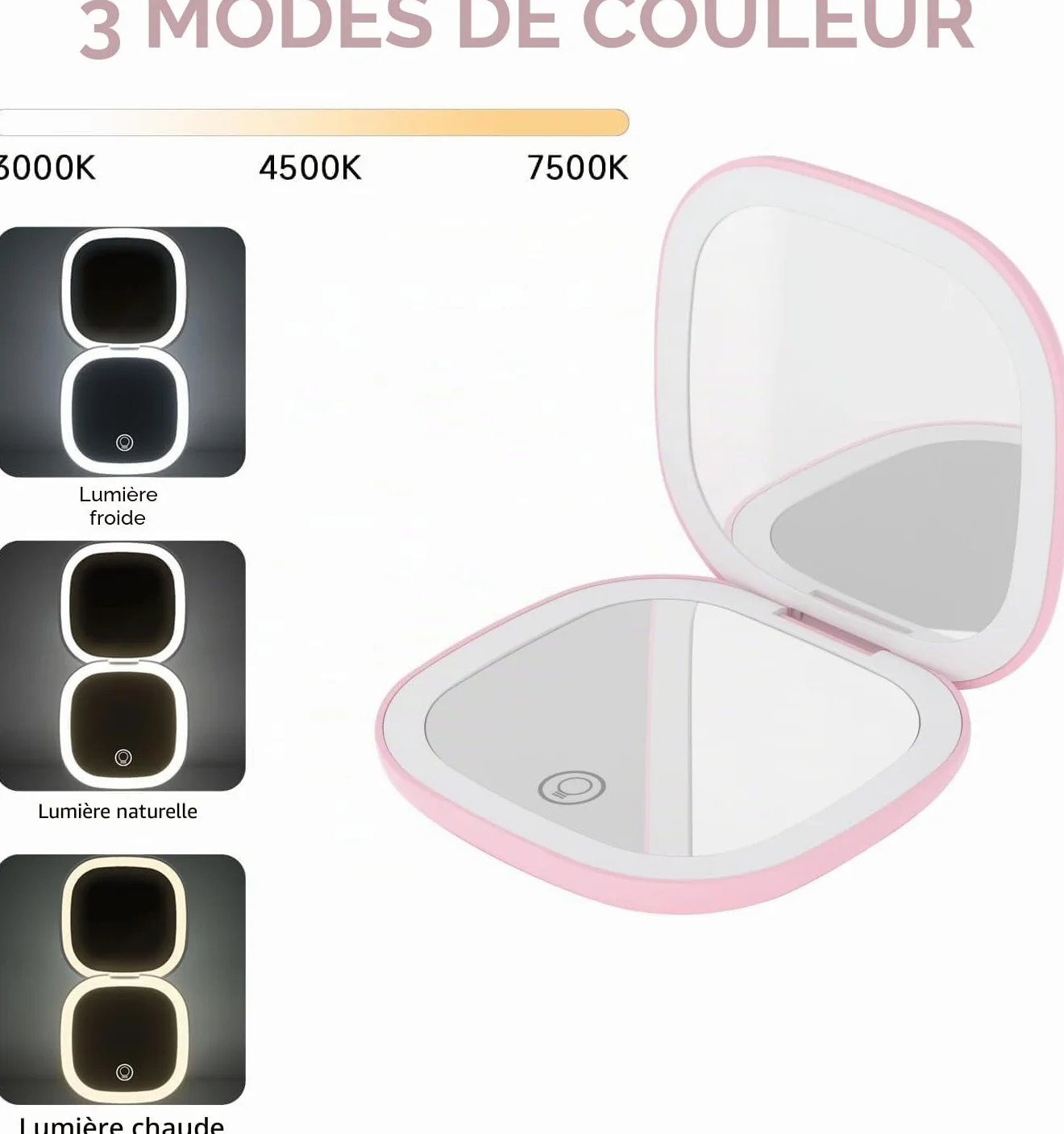 QUMOX Miroir de Maquillage Éclairé Grossissant 10X Rechargeable avec Lumière LED 3 Modes Contrôle Tactile USB-C