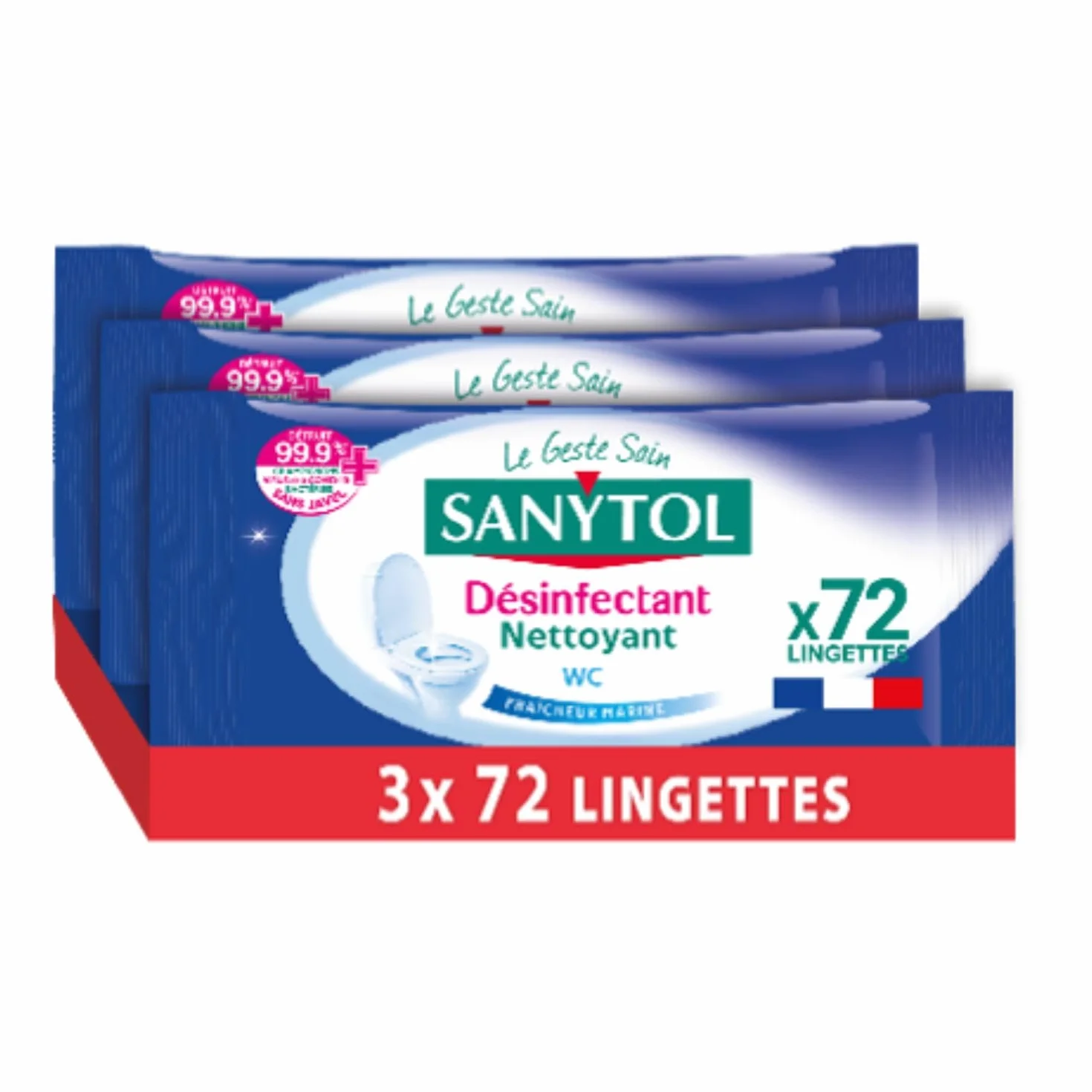 Sanytol Lingettes Désinfectantes WC Lot de 3 x 72 Bactéricide Virucide Fongicide Sans Javel Fabrication Française