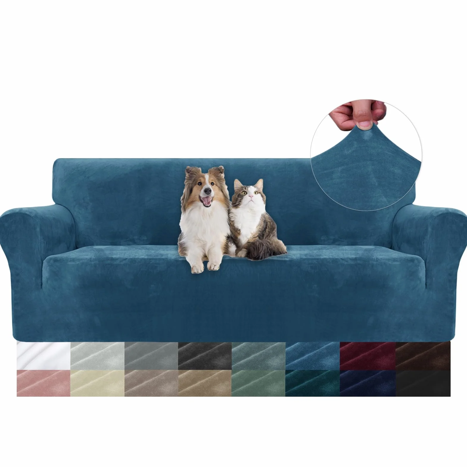 Housse De Canapé en Velours 3 Places, Sofa Cover Extensible, Antidérapant, Lavable, Bleu Paon