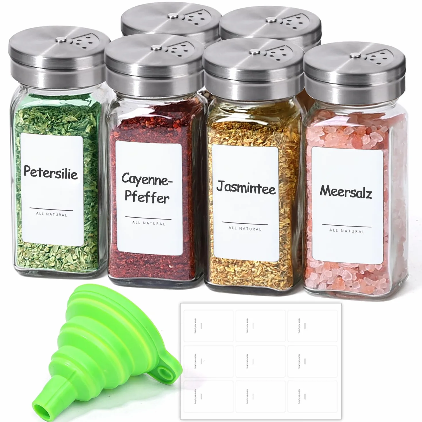 ComSaf 6 Pièces Pot à Épices Verre avec Couvercles Réglables Étiquettes Entonnoir