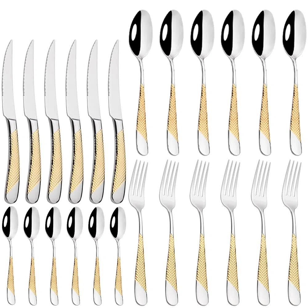 Ensemble de couverts en argenterie, ensemble vaisselle 24 pièces, acier inoxydable doré, dîner, couteau, fourchette, cuillère, lavable au lave-vaisselle