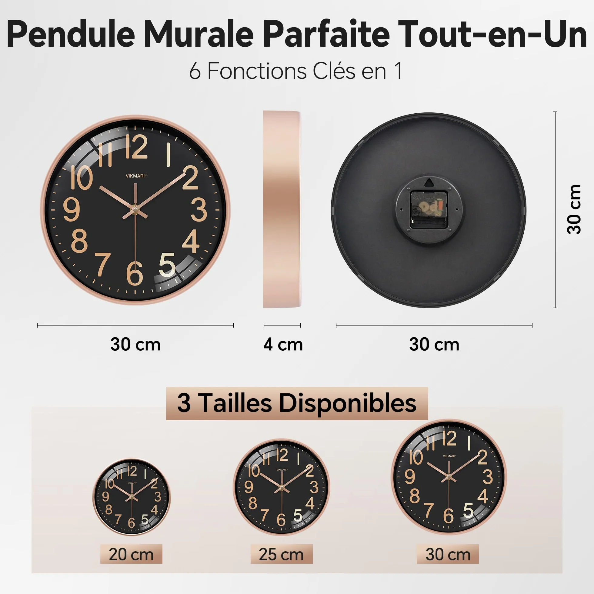 VIKMARI Horloge Murale 30 cm Silencieuse Noir et Doré - Pendule Murale Quartz pour Salon Bureau