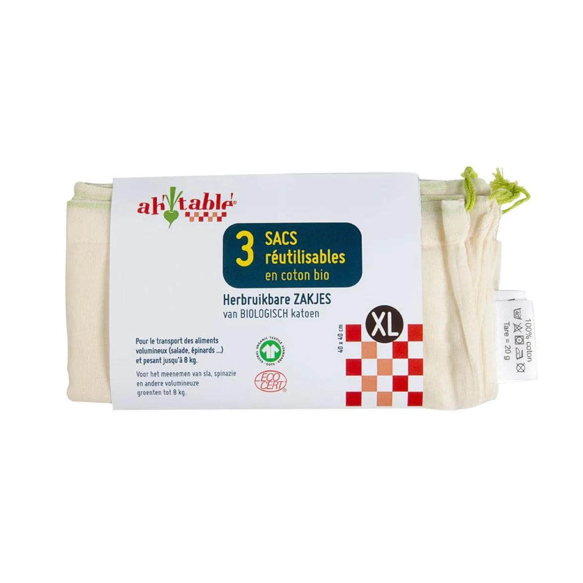 Ecodis 3 Sacs réutilisables XL légumes coton bio