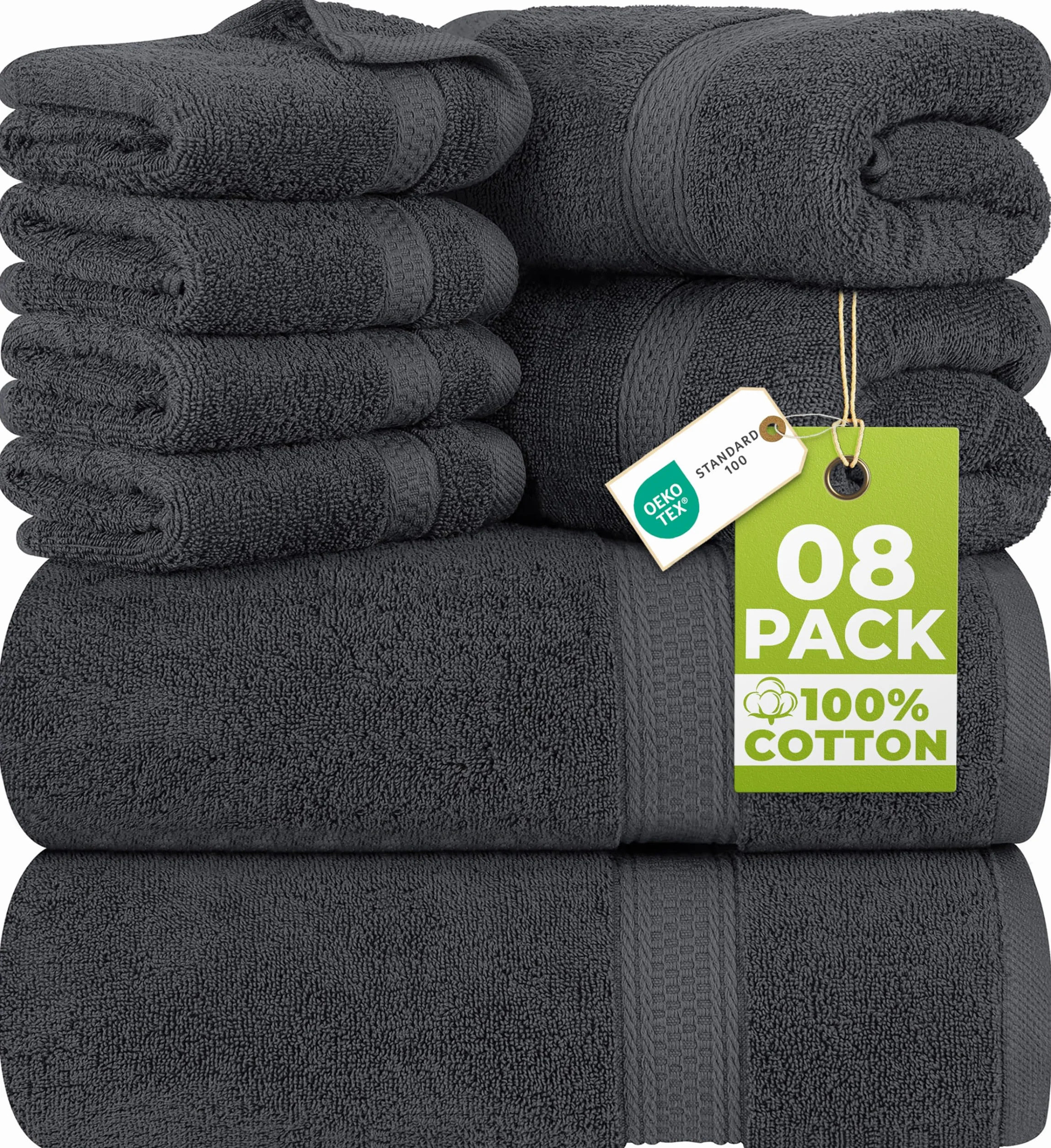 Lot de 8 Serviettes en Coton avec Crochet de Suspension - 2 Serviettes de Bain, 2 Serviettes et 4 Serviettes de Toilette - Gris