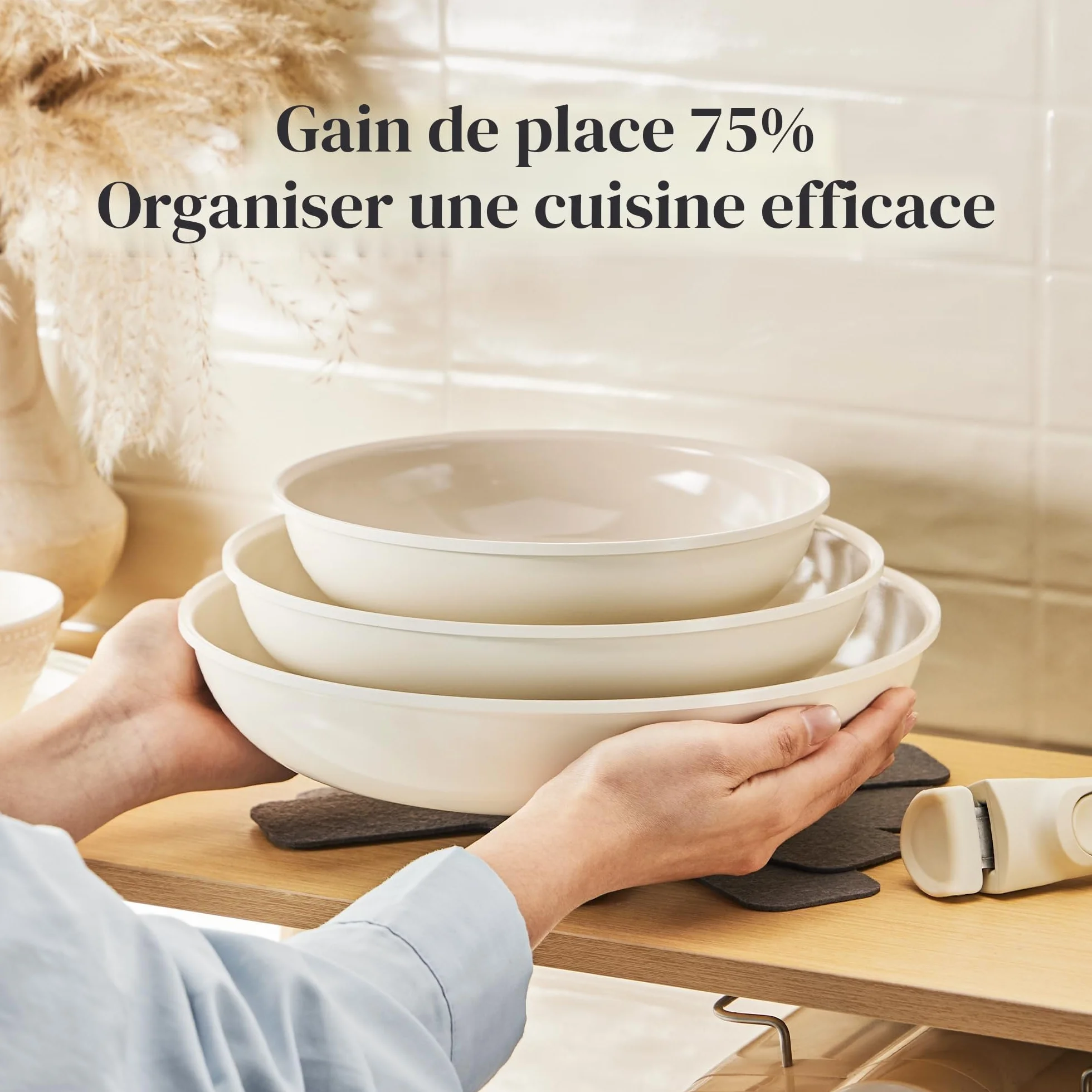 Redchef Lot de poêles céramique antiadhésives 20/24/28 cm induction compatible sans PTFE ni PFOA poignée amovible Beige