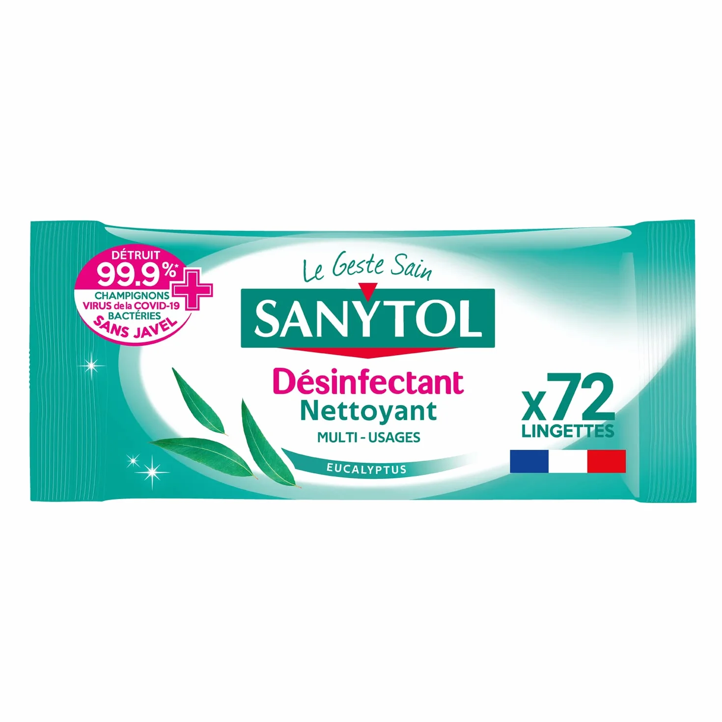 Sanytol Lingettes Désinfectantes Multi-Usages Eucalyptus x72 Bactéricide Virucide Fongicide Sans Javel Fabrication Française