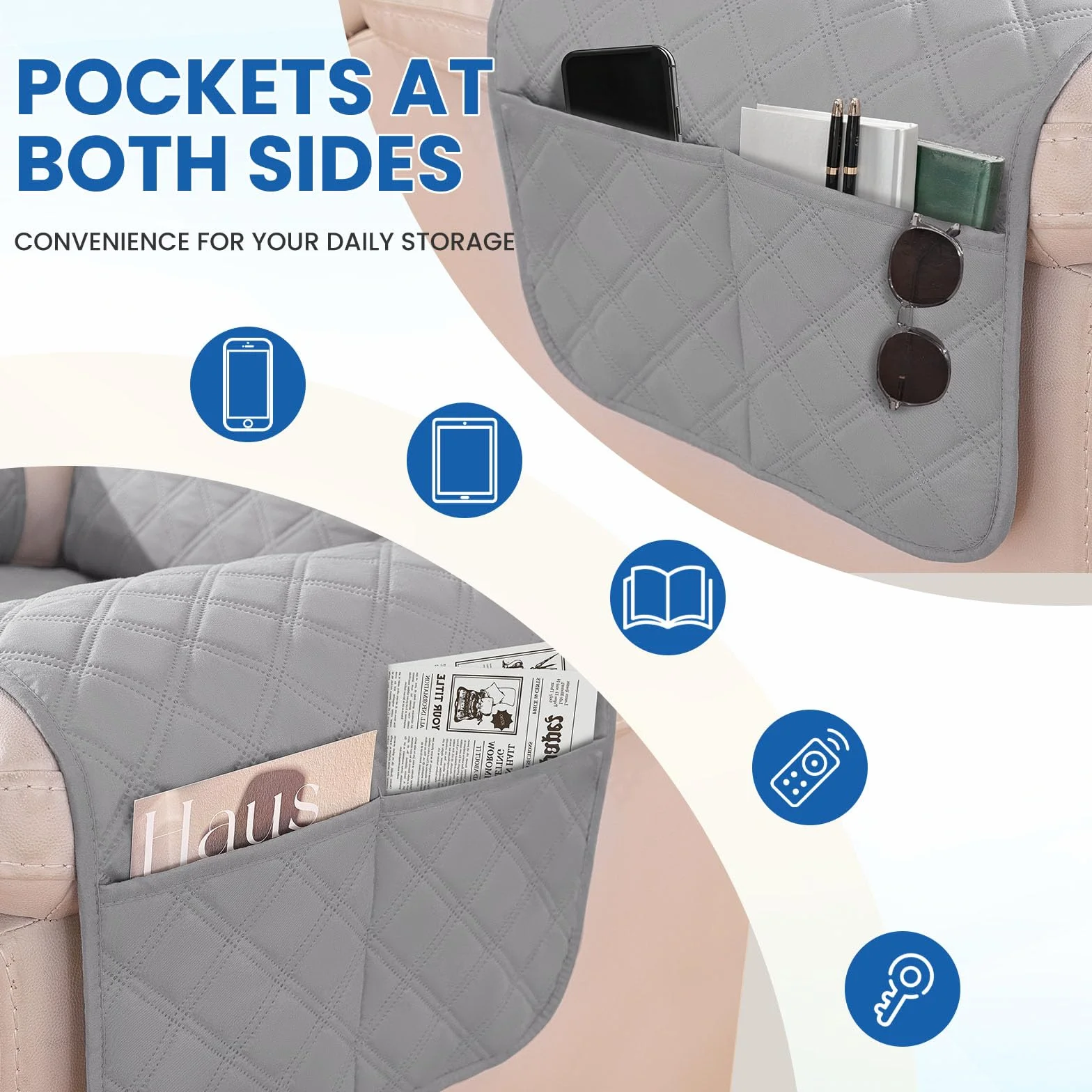 Housse Fauteuil Relax 1 Place Étanche Inclinable Antidérapant avec Poches Latérales Lavable Gris Clair