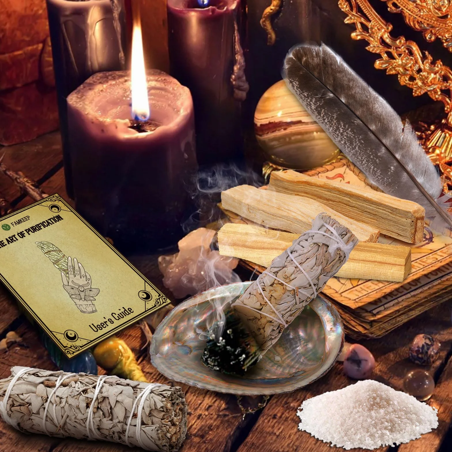 FAMKEEP White Sage Palo Santo Coquillage d'ormeau Encens Naturel Nettoyage énergétique Anti Stress méditation