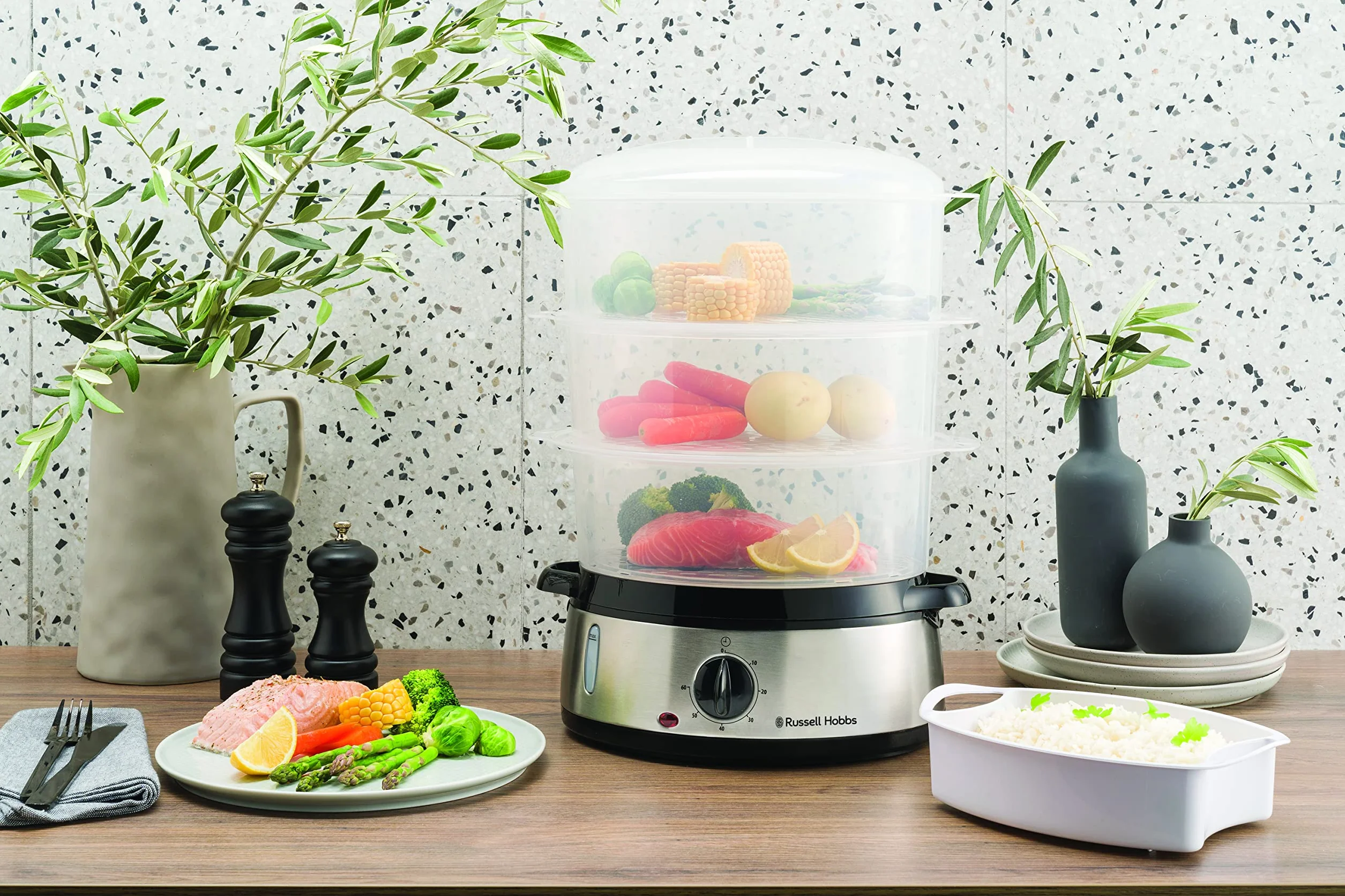Russell Hobbs Cuiseur Vapeur Cook@Home 800W 9 L 3 niveaux écran digital minuterie programmable 19270-56