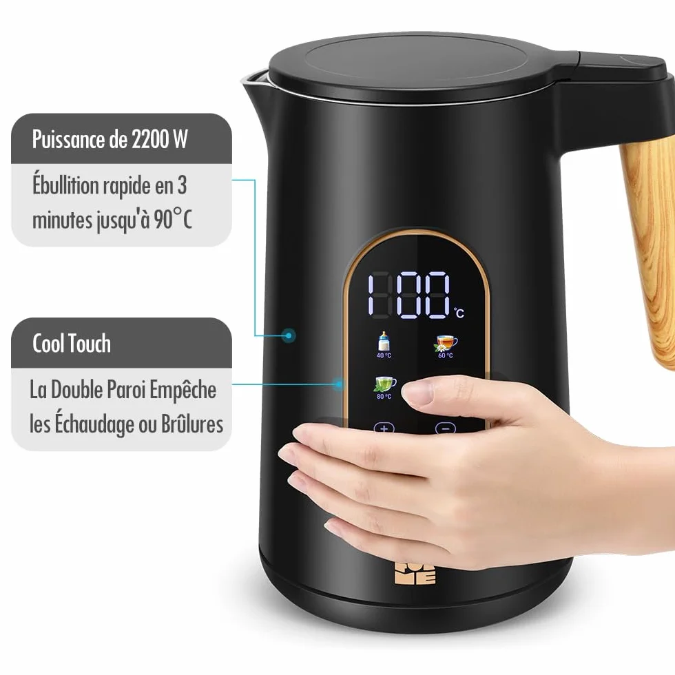 ForMe Bouilloire Electrique Inox 1,7L Contrôle de Température Réglable 40-100°C LED Affichage Maintien au Chaud