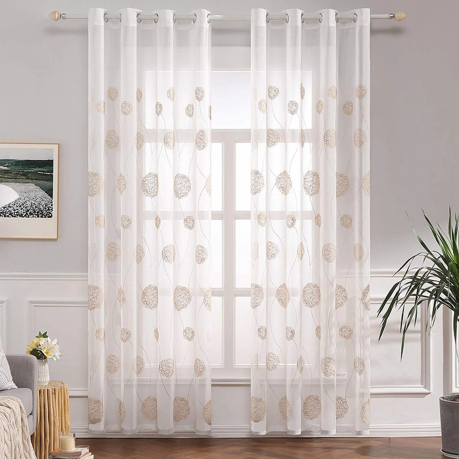 MIULEE Rideau Voilage Blanc à Oeillets avec Or Motif Broderie, Lot de 2 Rideaux Tulle Transparent 140x225cm pour Salon Chambre