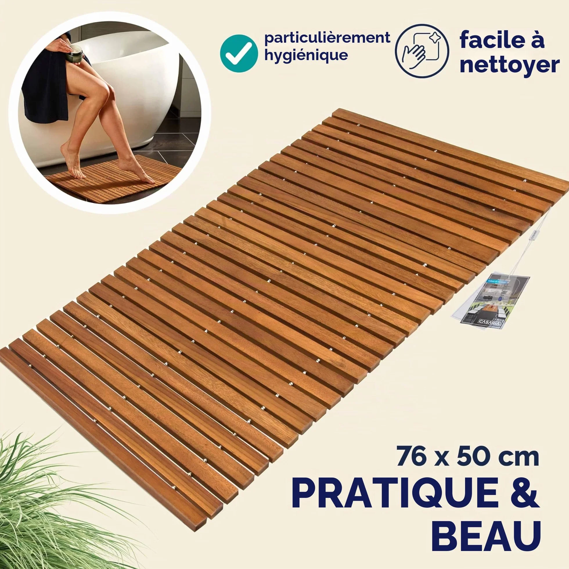 Tapis de Bain en Bois d'Acacia Antidérapant 76 x 50 cm Caillebotis Salle de Bain