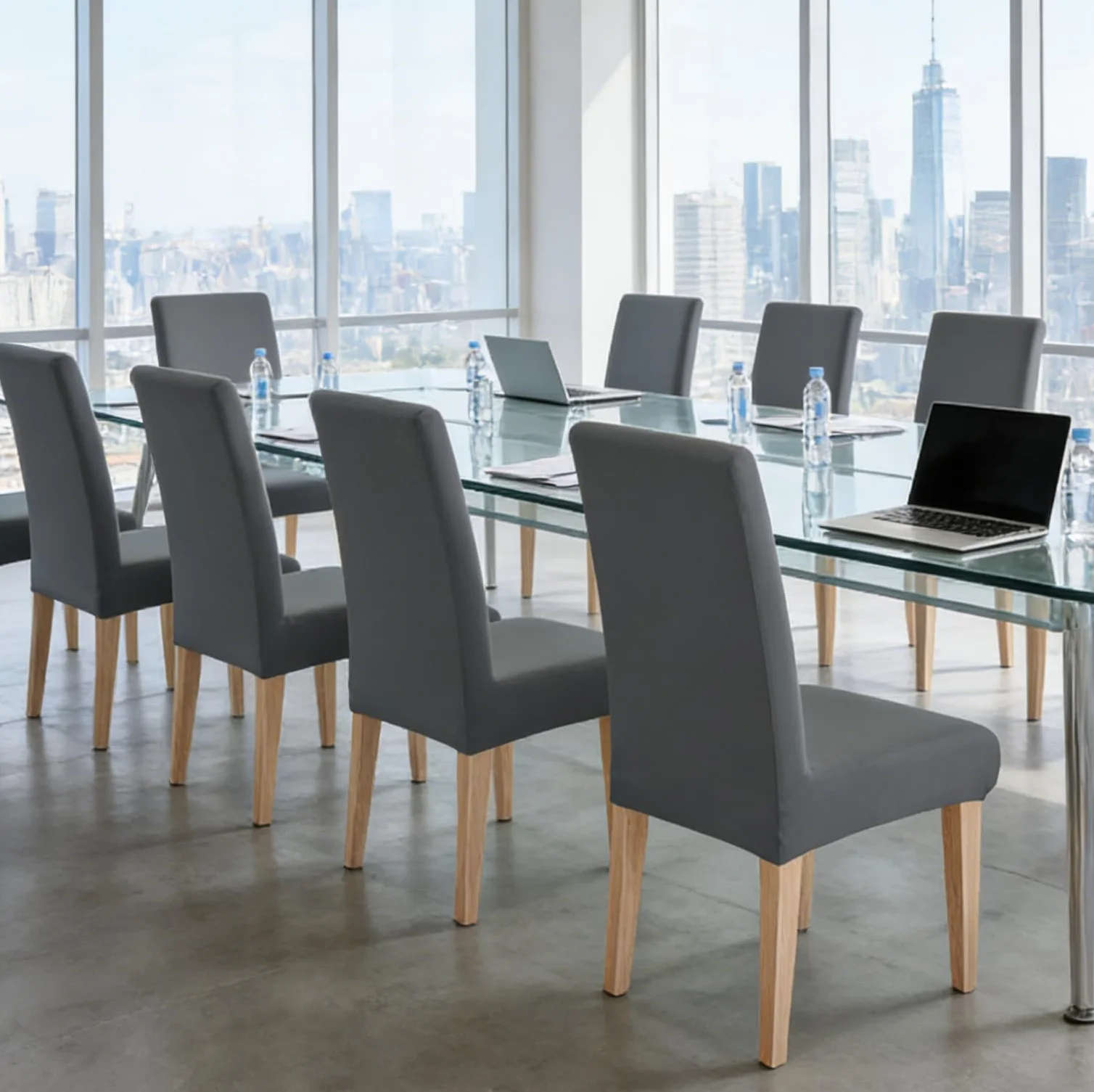 Housse de Chaise Extensible 4 Pièces Amovible Lavable Gris pour Salle à Manger Hôtel
