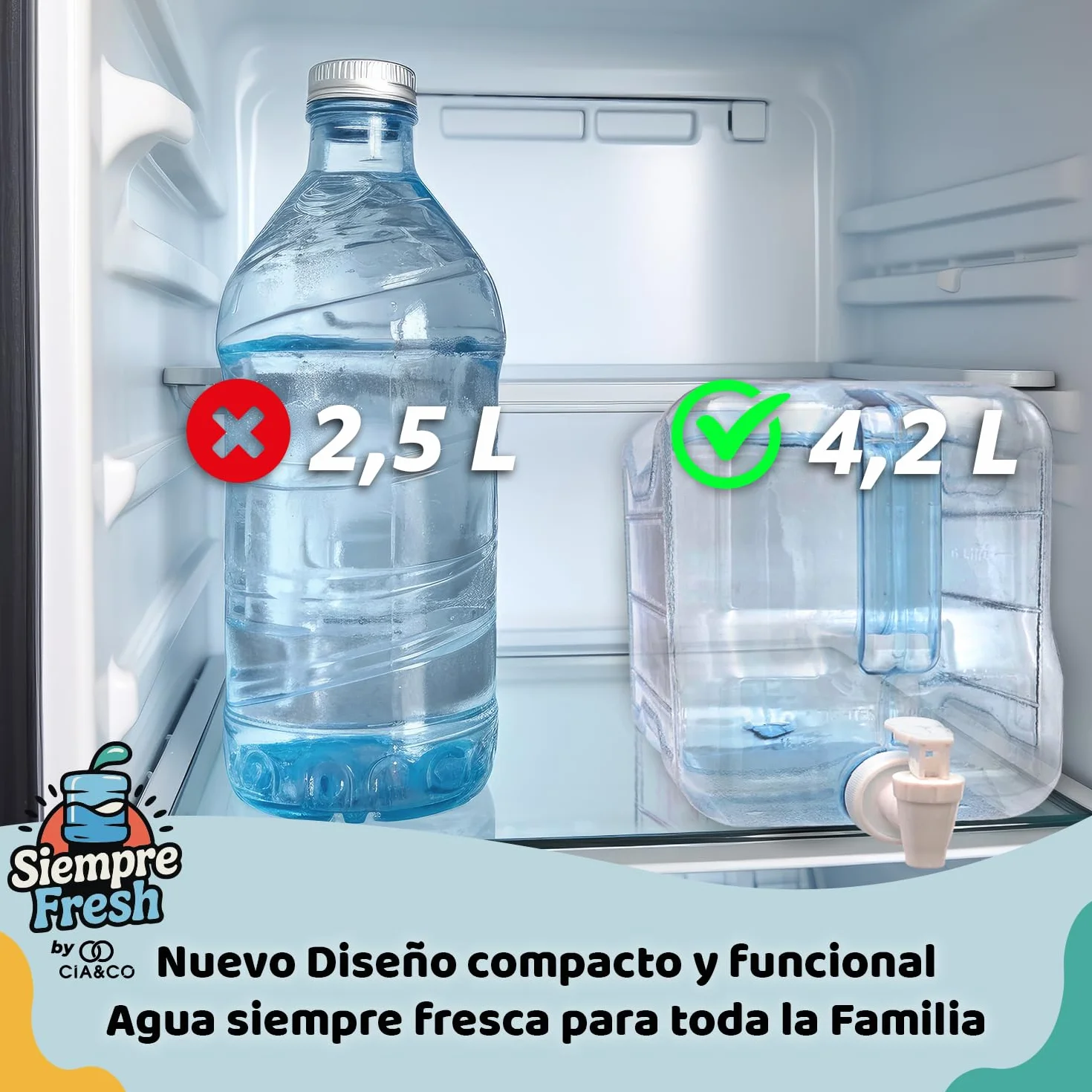 Cia&Co Distributeur d'eau froide pour réfrigérateur 4,2 l Bidon compact 39 x 21 x 7,5 cm robinet double fonction réutilisable