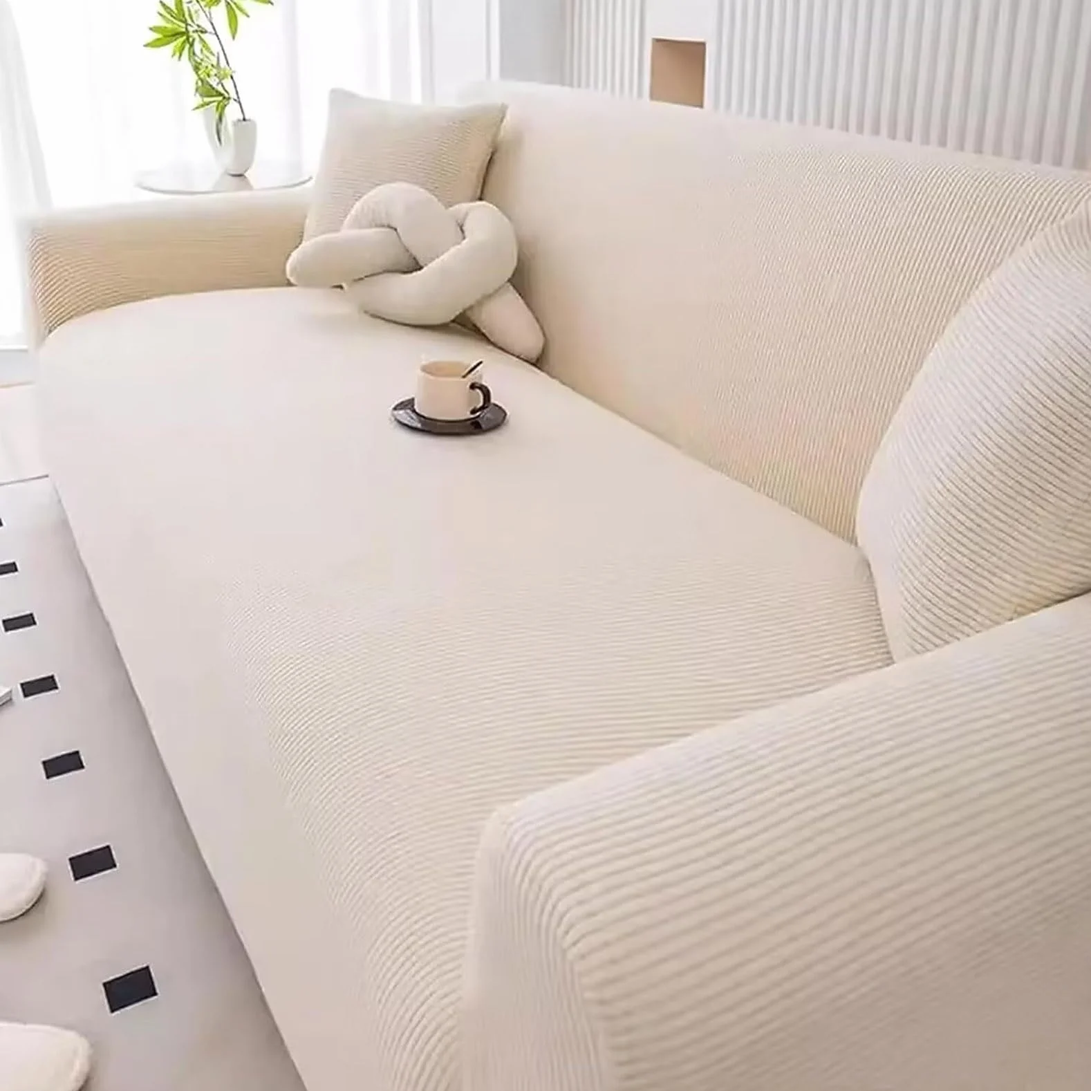Housse de Canapé Extensible Velours Côtelé, Protection Antidérapante Lavable pour Salon, Adaptée aux Canapés 1-4 Places