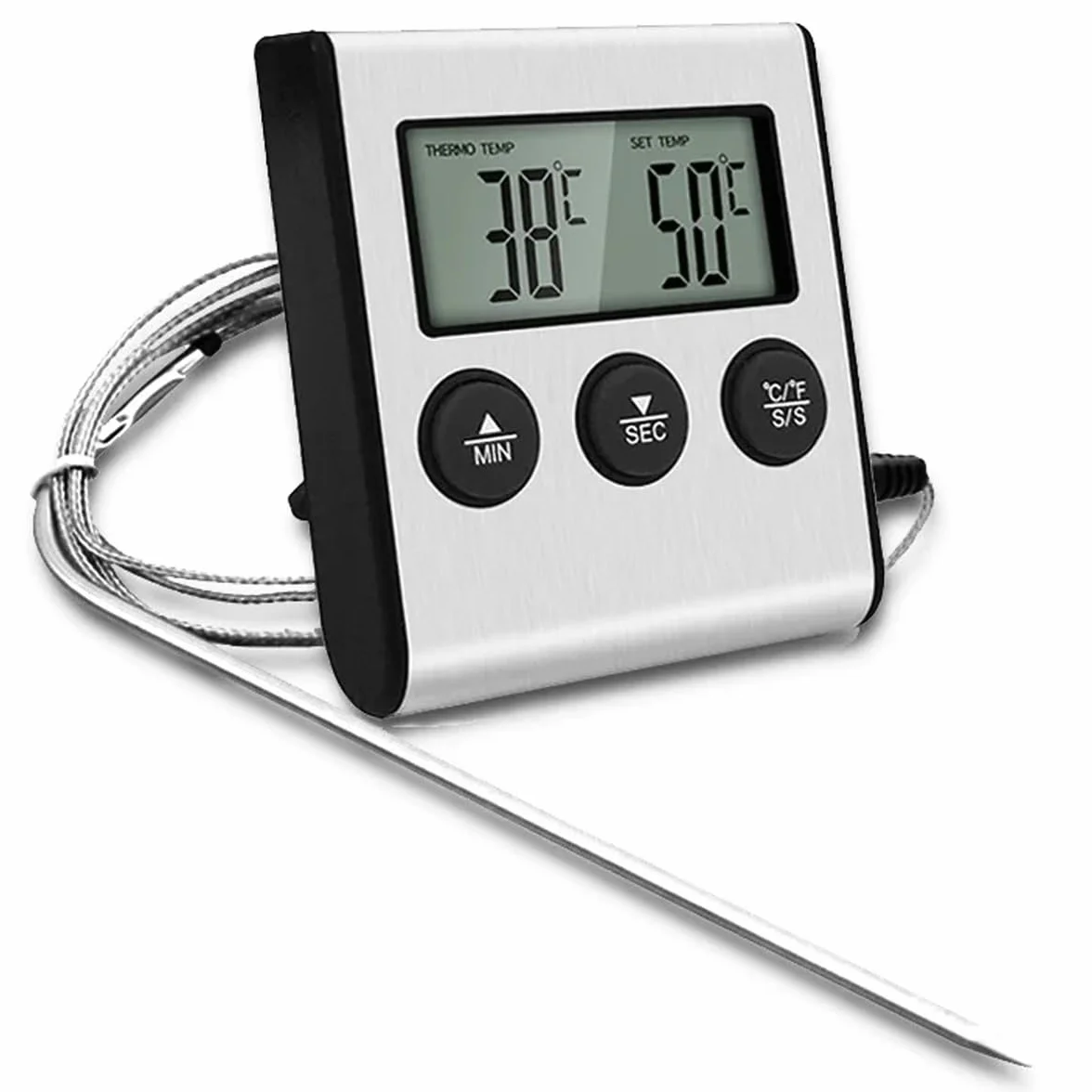 Grand thermomètre numérique LCD pour cuisson des aliments et de la viande avec sonde en acier inoxydable, fumoir, four, barbecue
