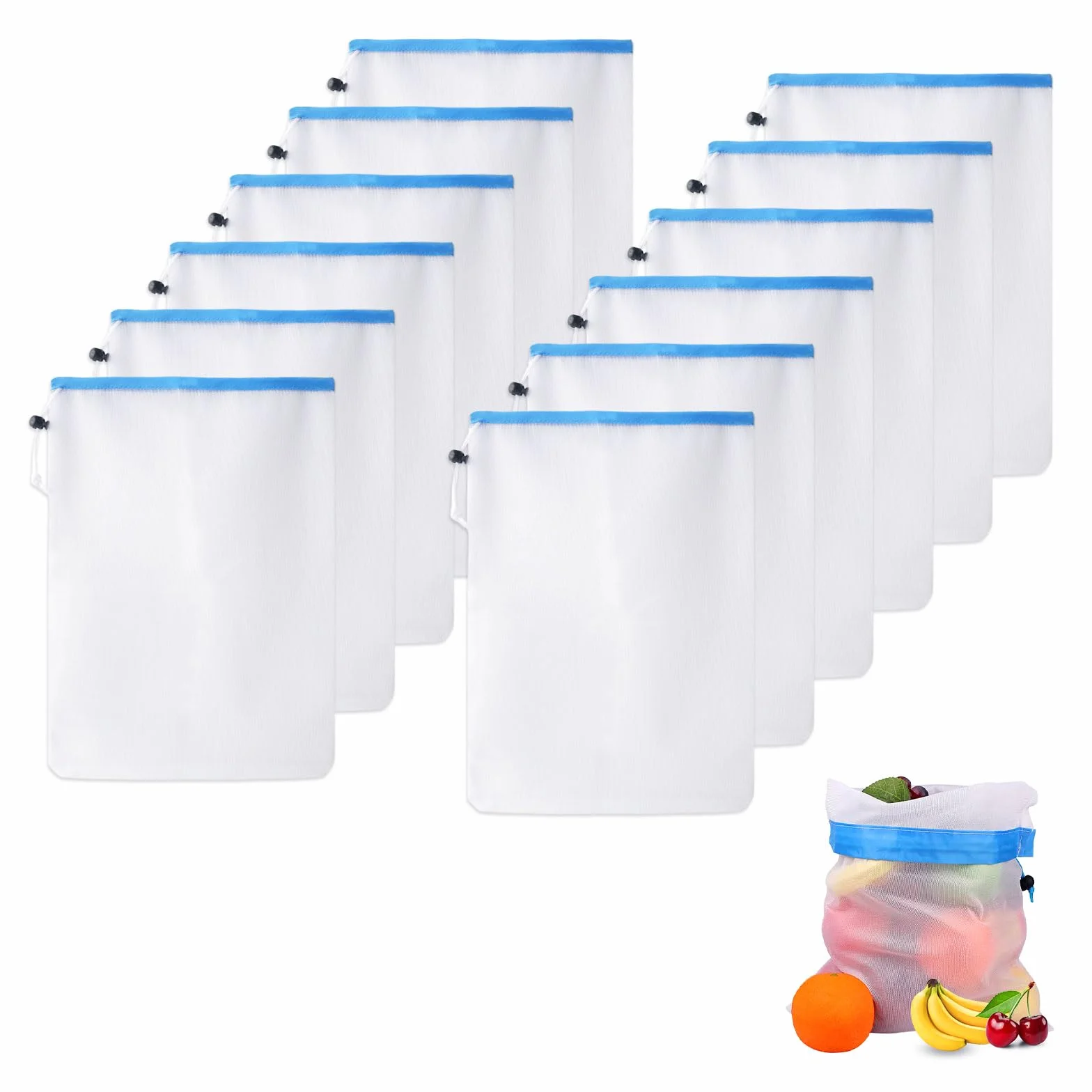 Sac Filet 12 Pièces 43 x 30 cm Réutilisable avec Cordon de Serrage pour Légumes Fruits