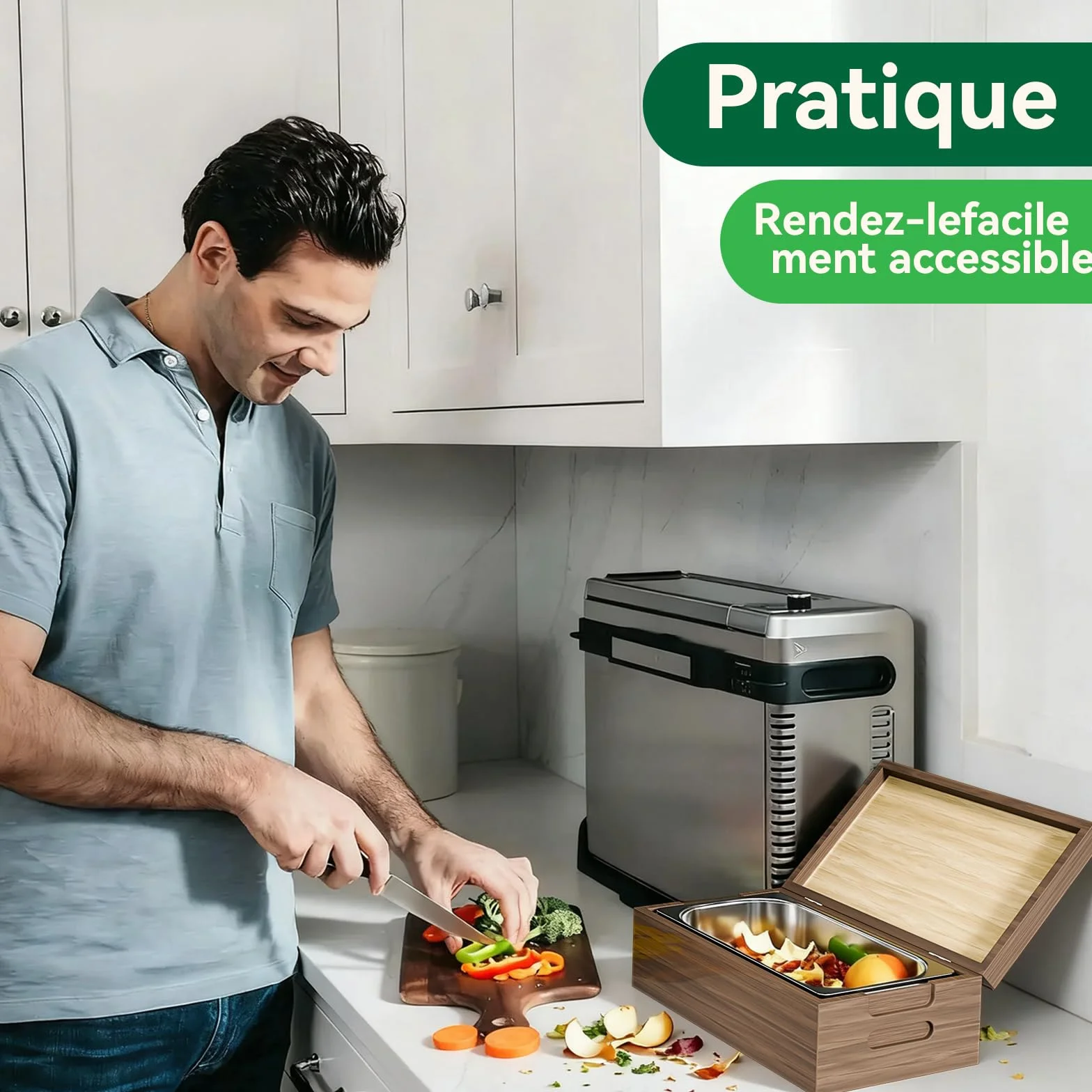 Poubelle de Cuisine 4L Bois véritable Acier Inoxydable Anti-odeurs pour déchets Alimentaires avec récipient intérieur Amovible Noyer