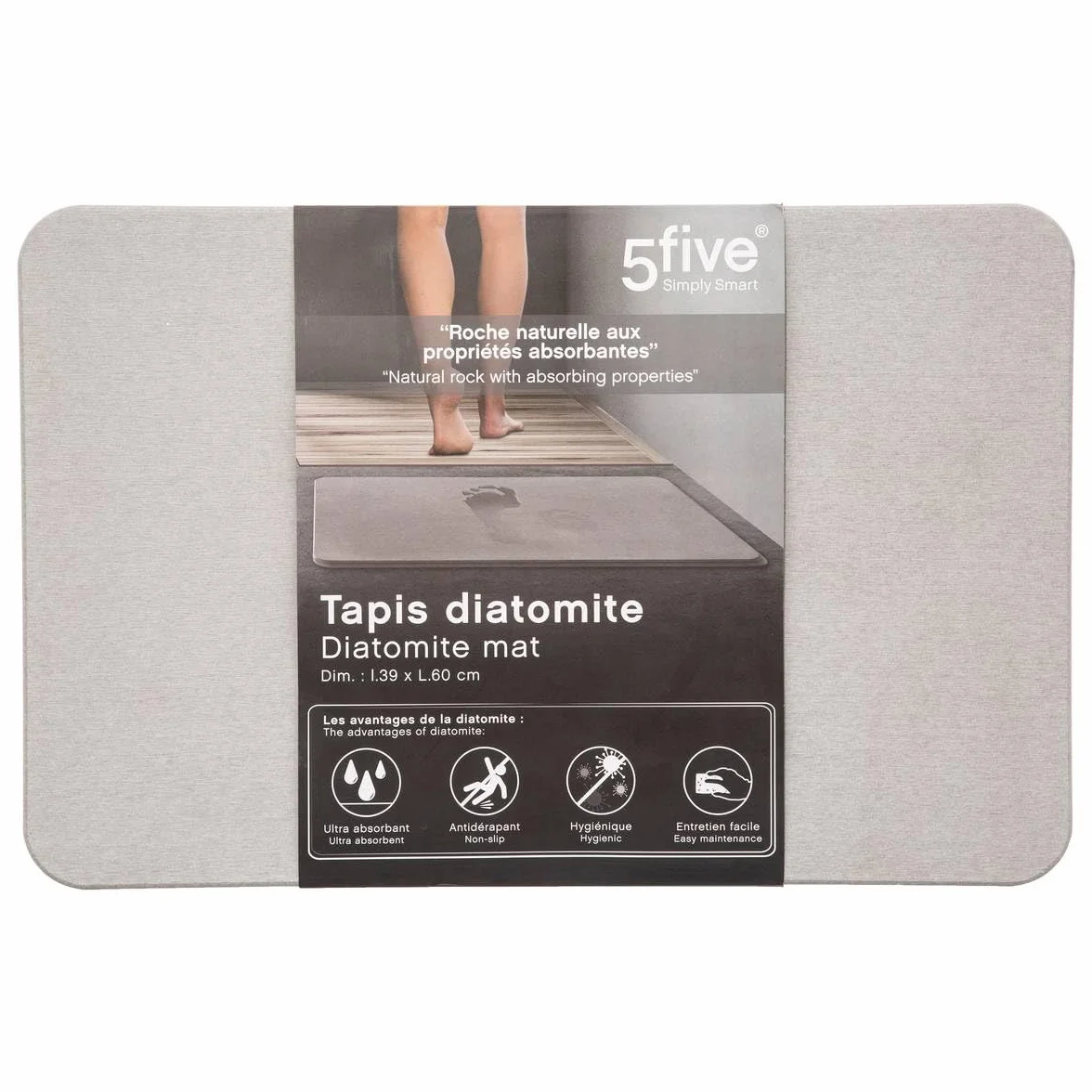 Tapis de Salle de Bain Gris Super Absorbant en Diatomite 39x60 cm Séchage Rapide