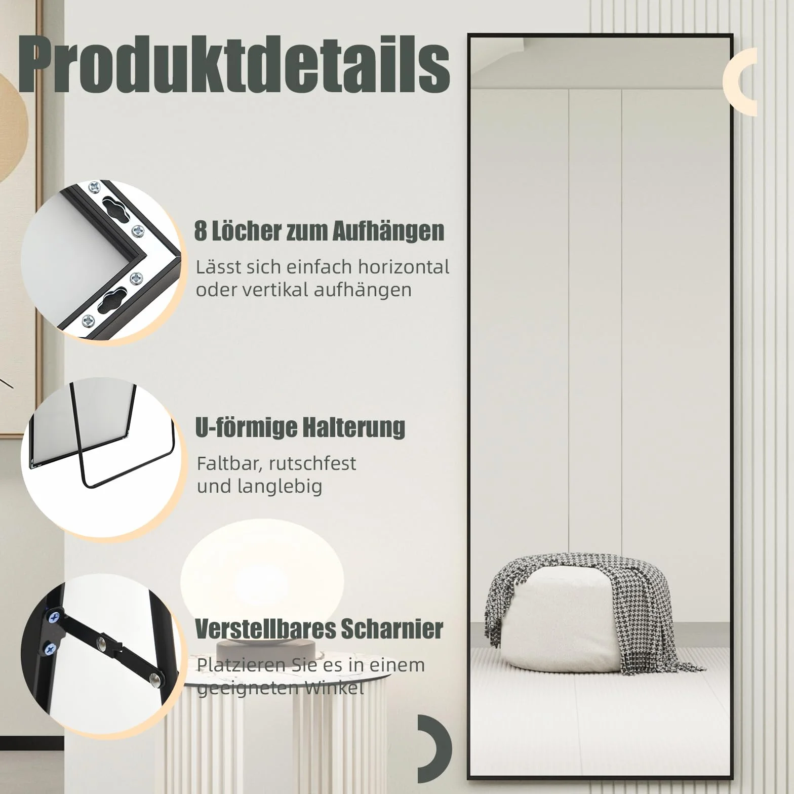 Miroir sur Pied 140x50cm Cadre Métal Noir Grand Miroir Mural HD Crochets Salon Chambre Dressing